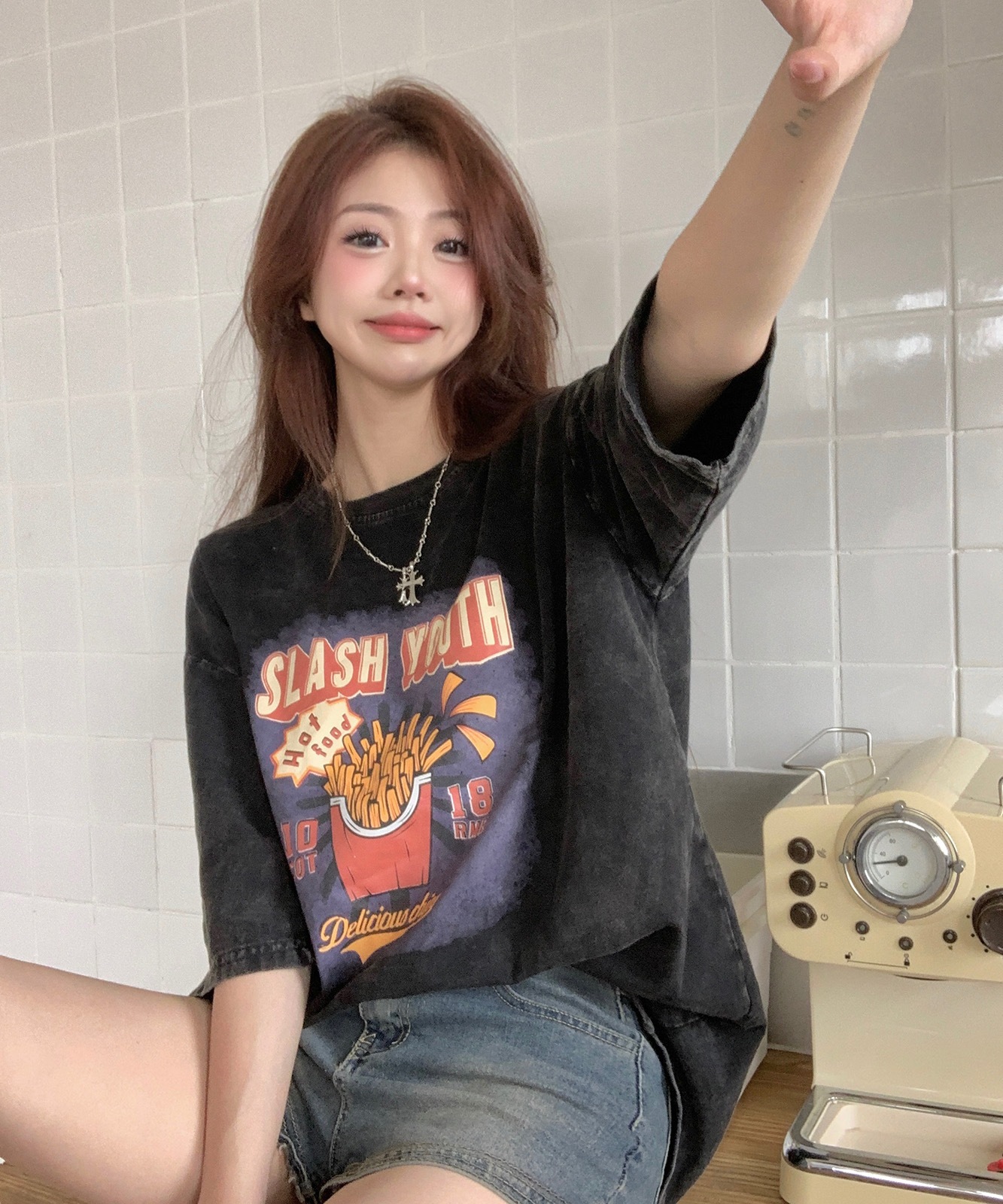 【 DEVICE select 】 ビッグシルエット ジャンキープリント ピグメント 半袖 Tシャツ 古着風 フライドポテト カレッジロゴ メンズ レディース ユニセックス