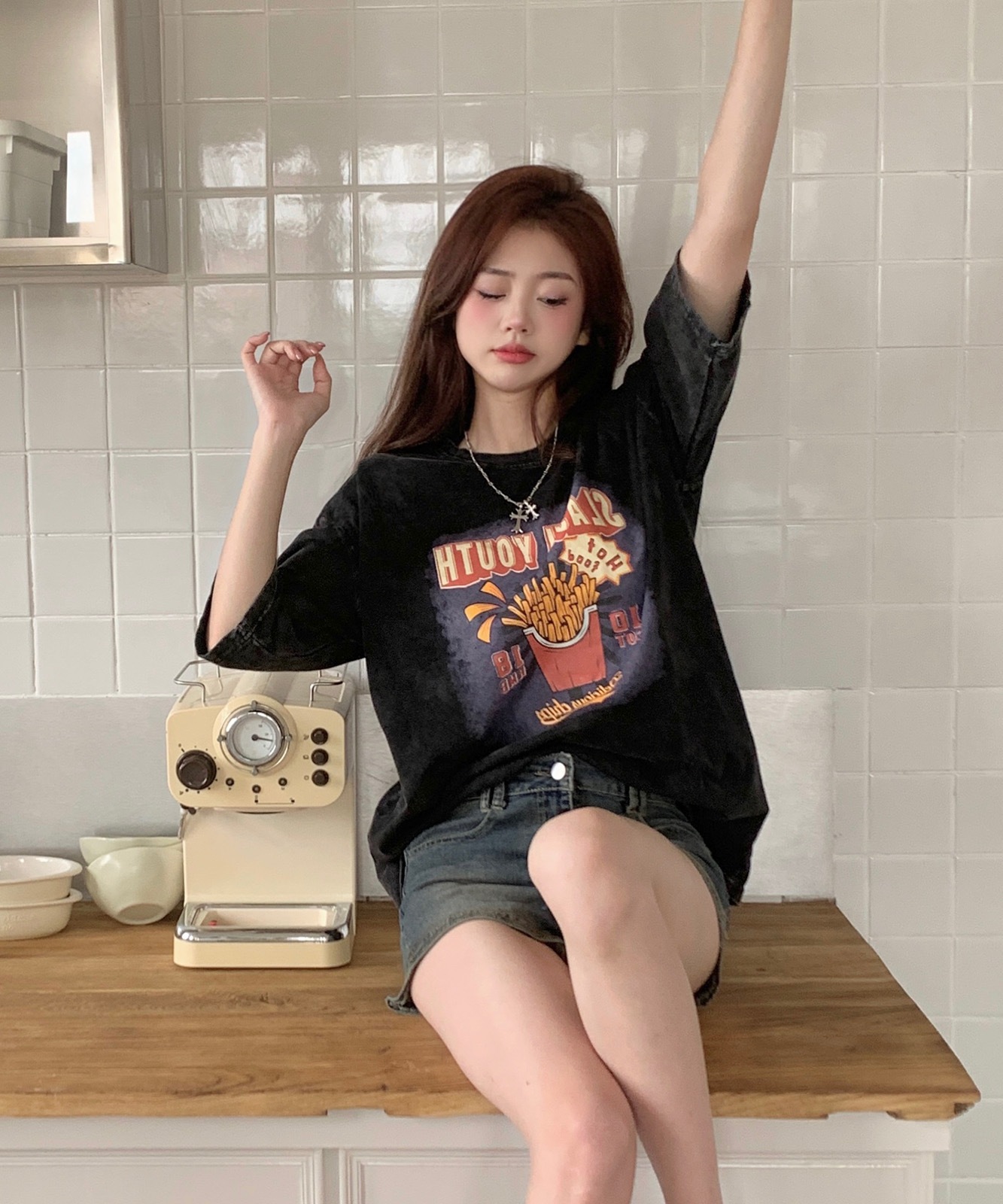 【 DEVICE select 】 ビッグシルエット ジャンキープリント ピグメント 半袖 Tシャツ 古着風 フライドポテト カレッジロゴ メンズ レディース ユニセックス