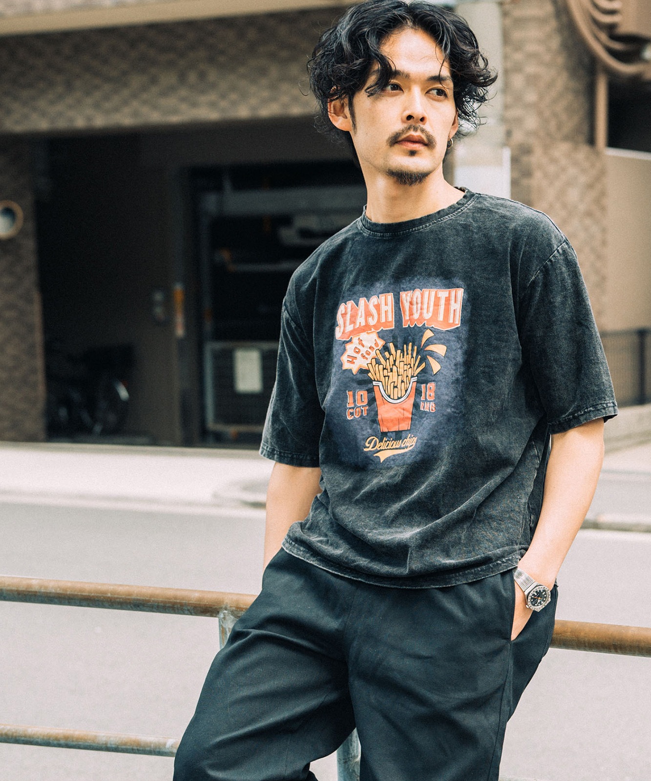 【 DEVICE select 】 ビッグシルエット ジャンキープリント ピグメント 半袖 Tシャツ 古着風 フライドポテト カレッジロゴ メンズ レディース ユニセックス