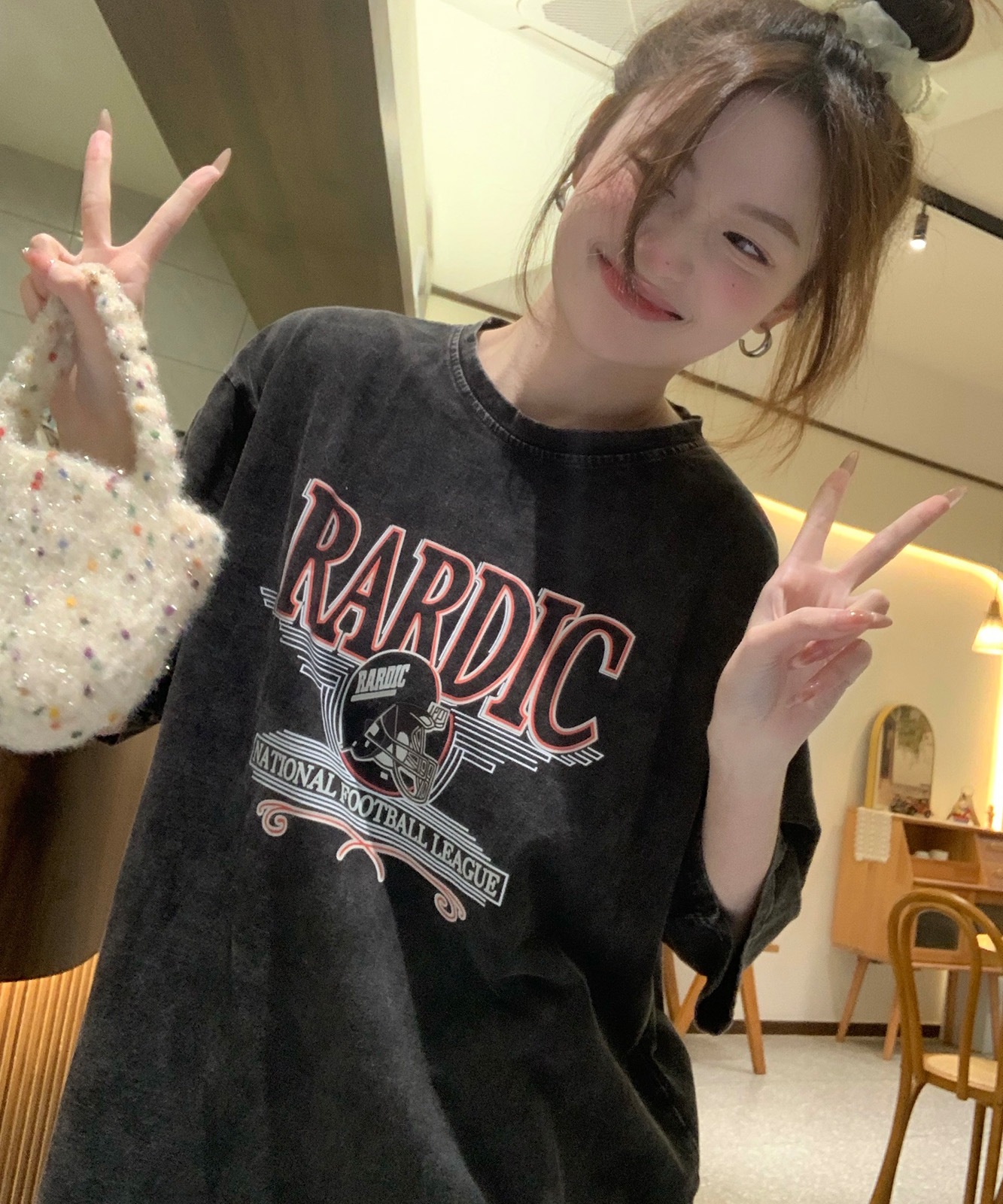 【 DEVICE select 】 ビッグシルエット ジャンキープリント ピグメント 半袖 Tシャツ 古着風 フライドポテト カレッジロゴ メンズ レディース ユニセックス