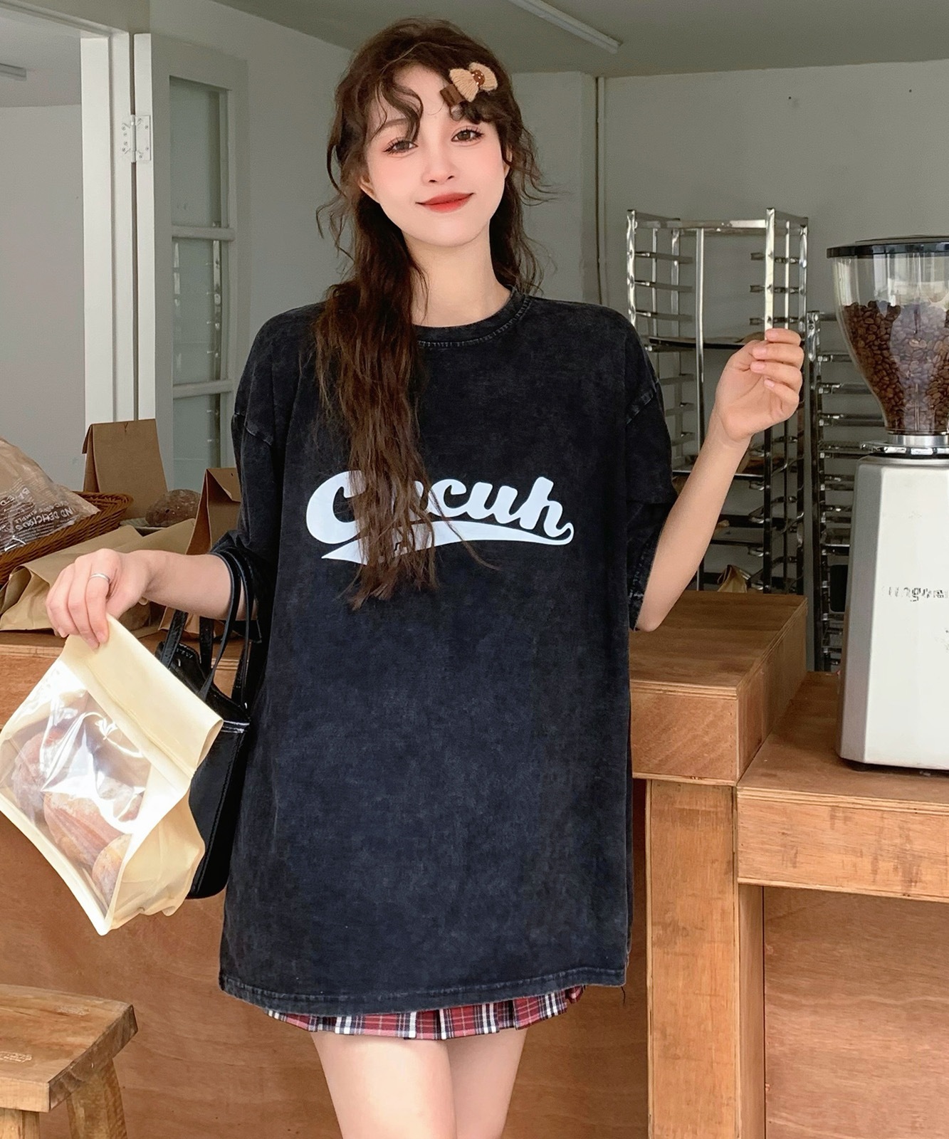 【 DEVICE select 】 ビッグシルエット ジャンキープリント ピグメント 半袖 Tシャツ 古着風 フライドポテト カレッジロゴ メンズ レディース ユニセックス