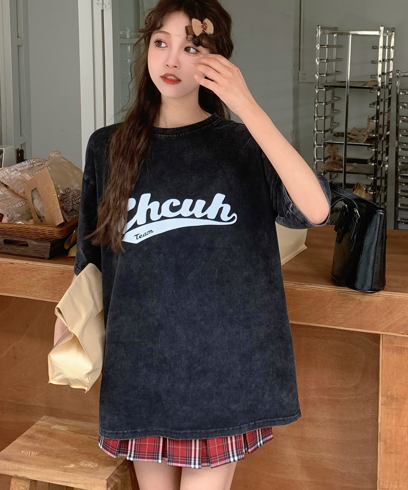 【 DEVICE select 】 ビッグシルエット ジャンキープリント ピグメント 半袖 Tシャツ 古着風 フライドポテト カレッジロゴ メンズ レディース ユニセックス