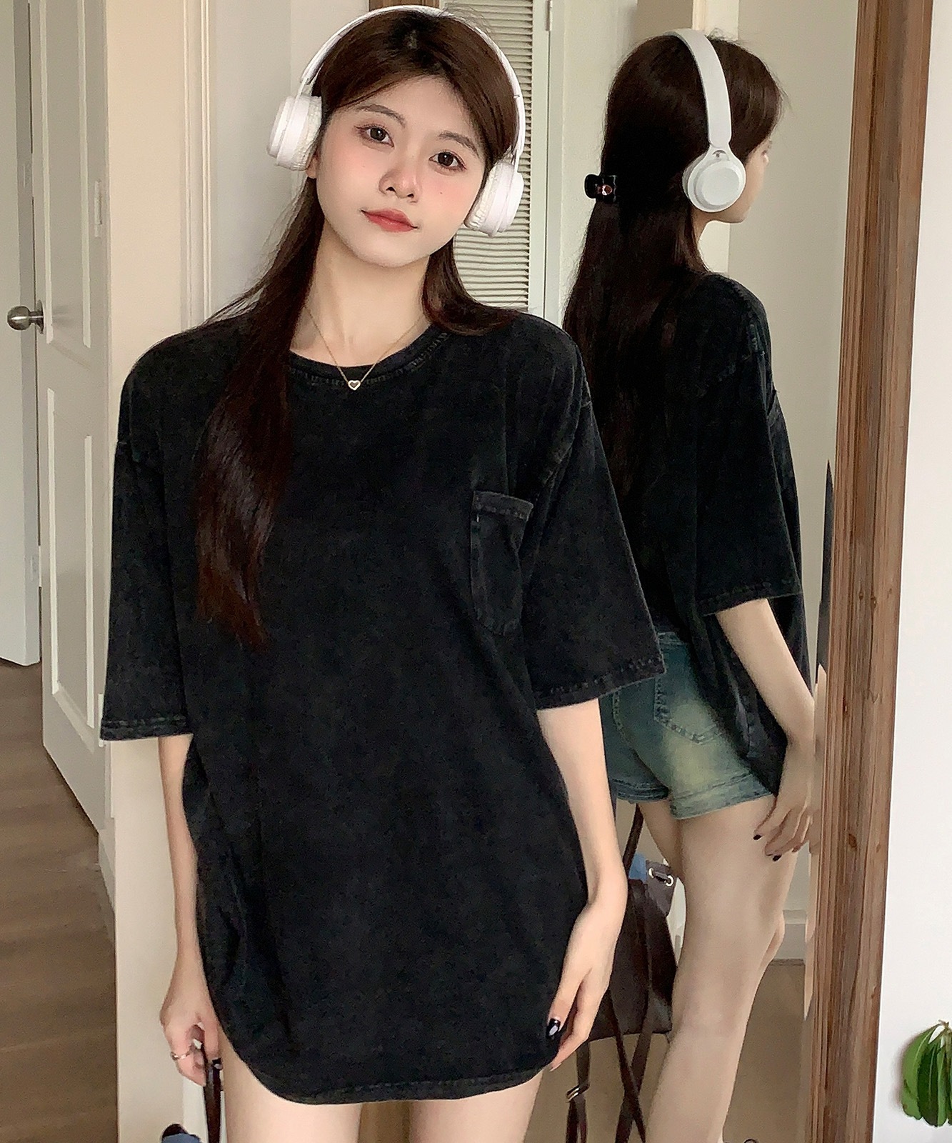 【 DEVICE select 】 ビッグシルエット ジャンキープリント ピグメント 半袖 Tシャツ 古着風 フライドポテト カレッジロゴ メンズ レディース ユニセックス