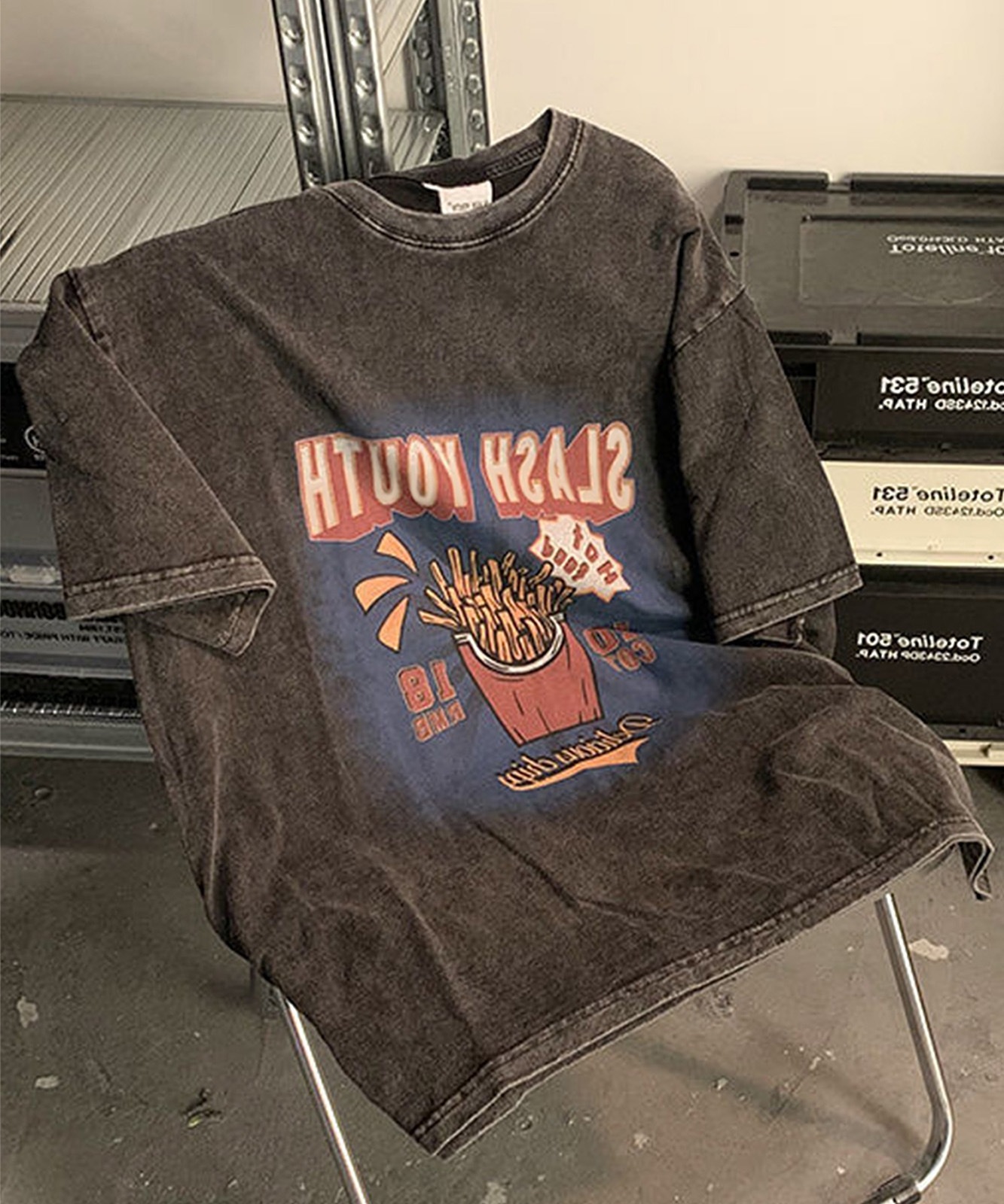 【 DEVICE select 】 ビッグシルエット ジャンキープリント ピグメント 半袖 Tシャツ 古着風 フライドポテト カレッジロゴ メンズ レディース ユニセックス