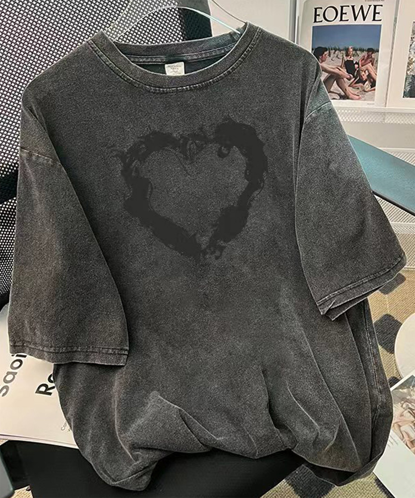 【 DEVICE select 】 ビッグシルエット ジャンキープリント ピグメント 半袖 Tシャツ 古着風 フライドポテト カレッジロゴ メンズ レディース ユニセックス