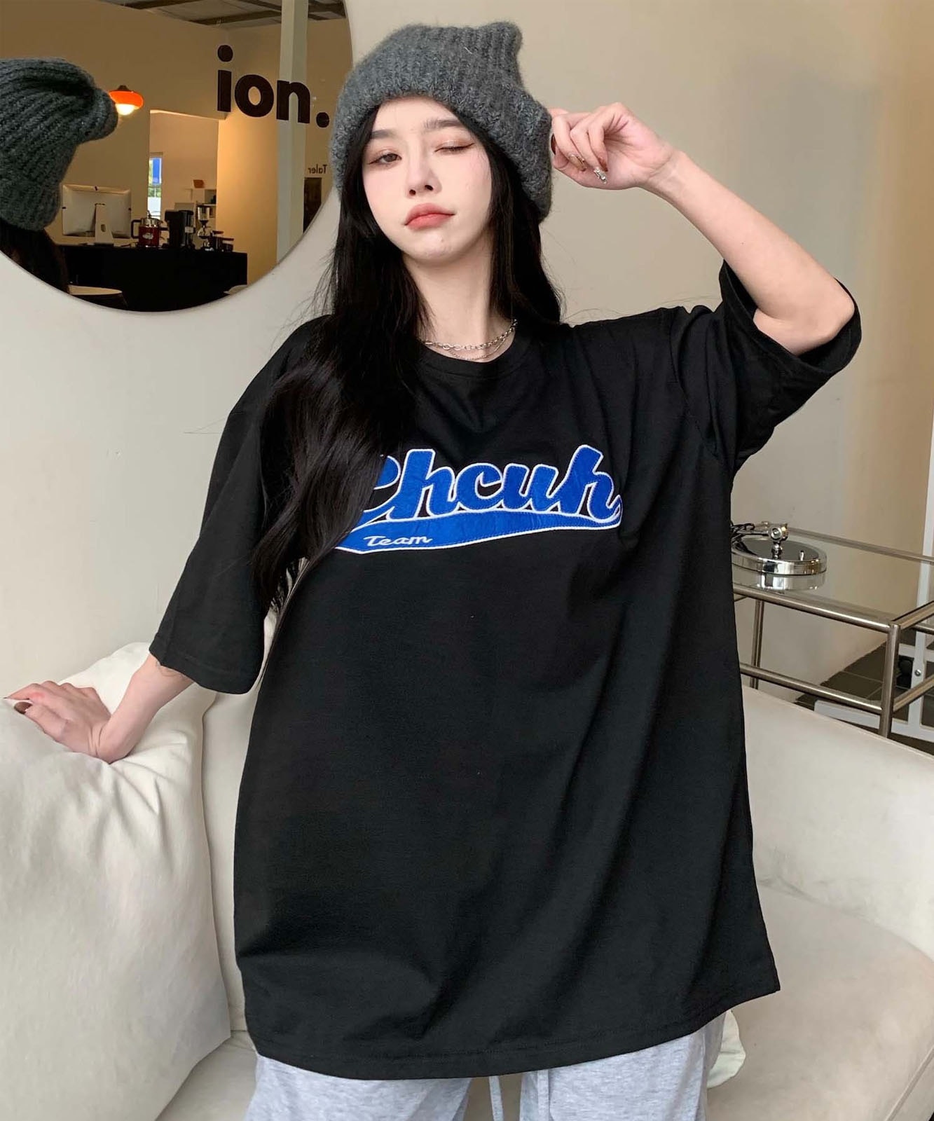 DEVICE select 韓国風 ビッグシルエット カレッジロゴ 刺繍Tシャツ メンズ レディース ユニセックス