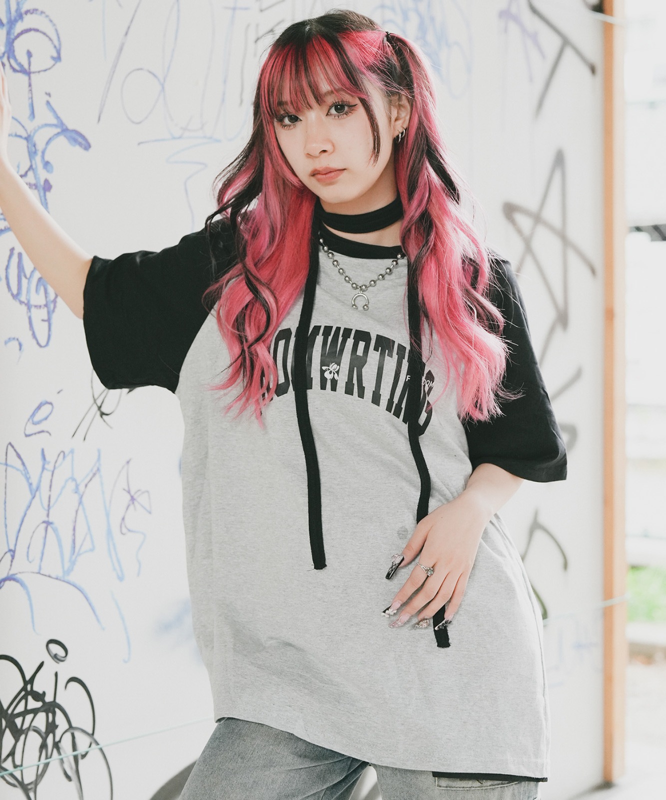 DEVICE select カレッジロゴ オーバーサイズ シック ルーズラグランスリーブ 半袖 Tシャツ メンズ レディース