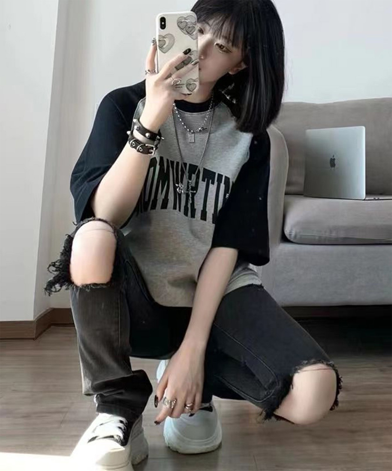 DEVICE select カレッジロゴ オーバーサイズ シック ルーズラグランスリーブ 半袖 Tシャツ メンズ レディース