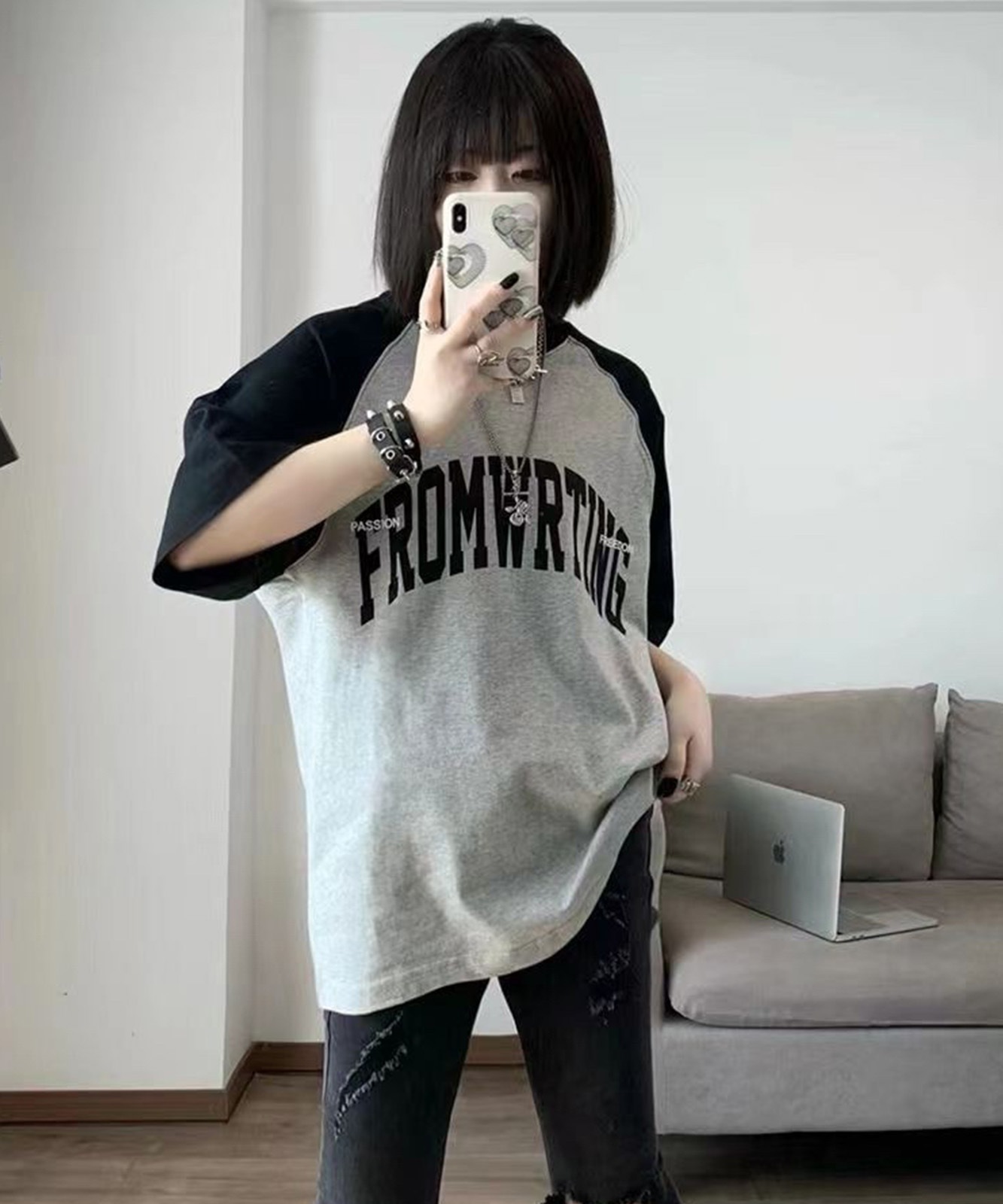 DEVICE select カレッジロゴ オーバーサイズ シック ルーズラグランスリーブ 半袖 Tシャツ メンズ レディース