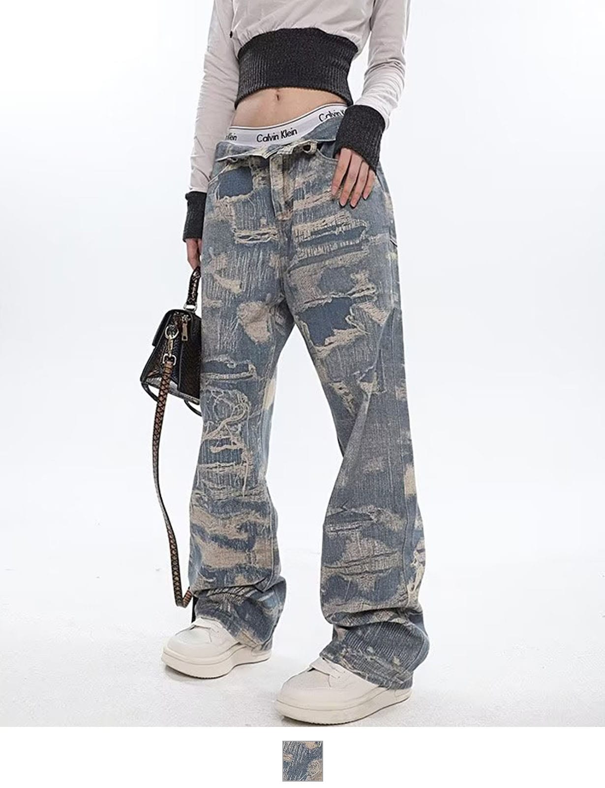 トロンプルイユ柄 ダメージ デニム エフェクト ワイド パンツ 