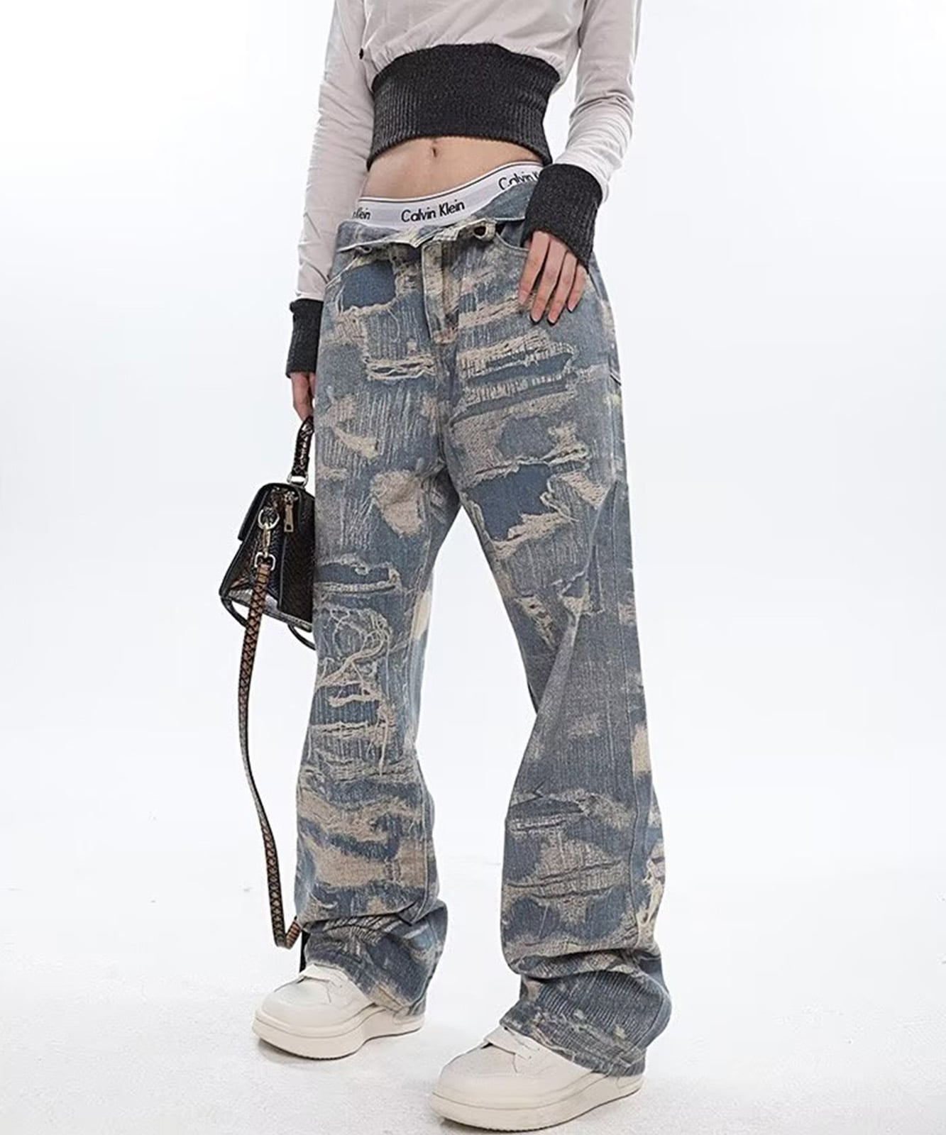 トロンプルイユ柄 ダメージ デニム エフェクト ワイド パンツ