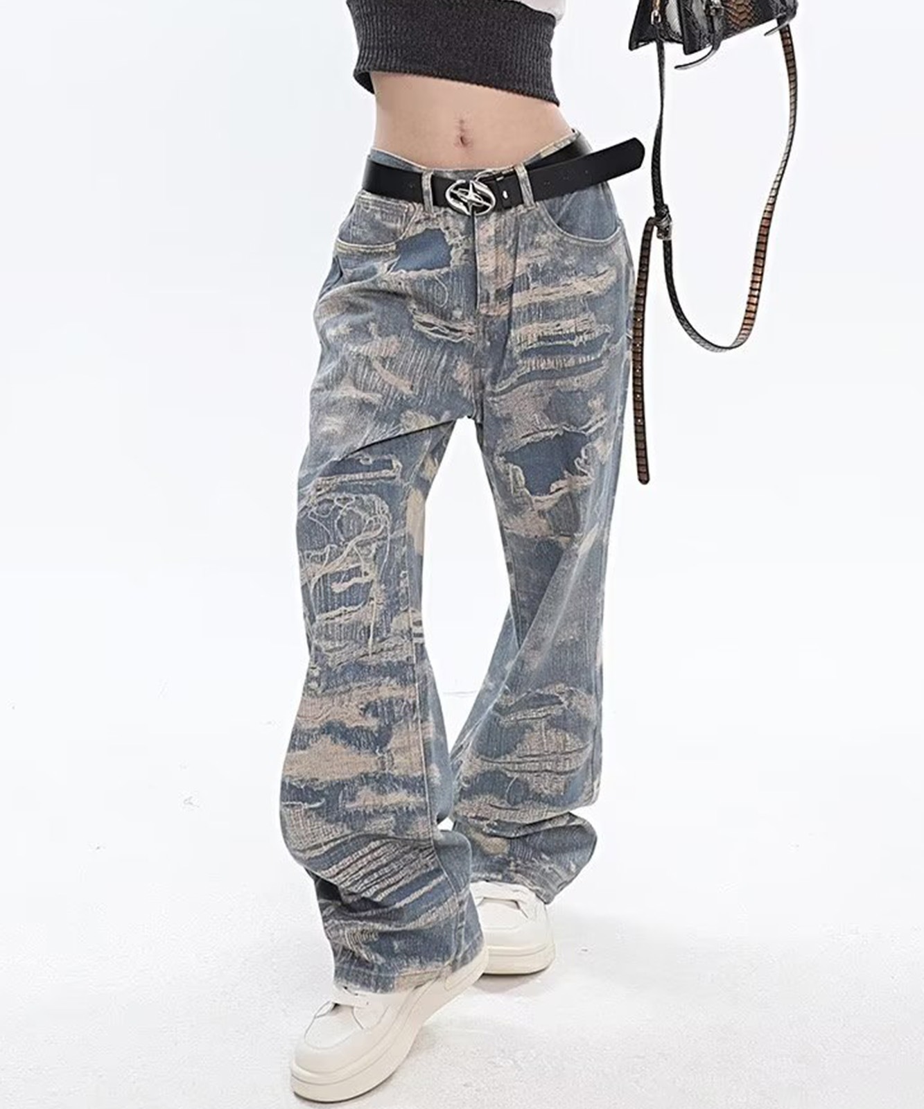 トロンプルイユ柄 ダメージ デニム エフェクト ワイド パンツ