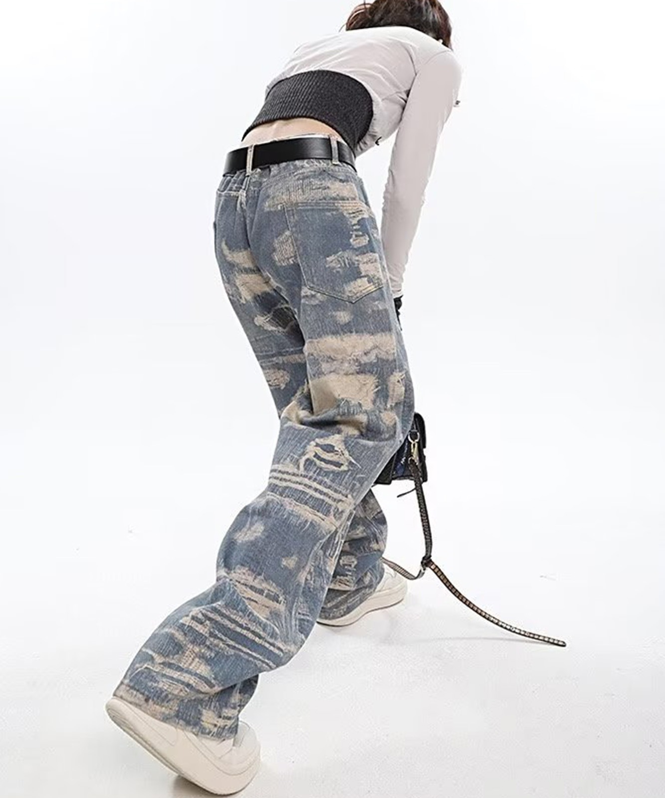 トロンプルイユ柄 ダメージ デニム エフェクト ワイド パンツ 