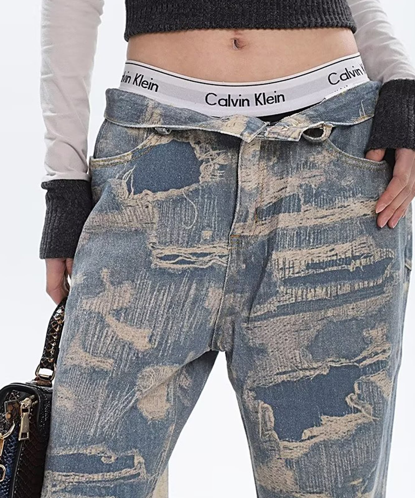 トロンプルイユ柄 ダメージ デニム エフェクト ワイド パンツ 