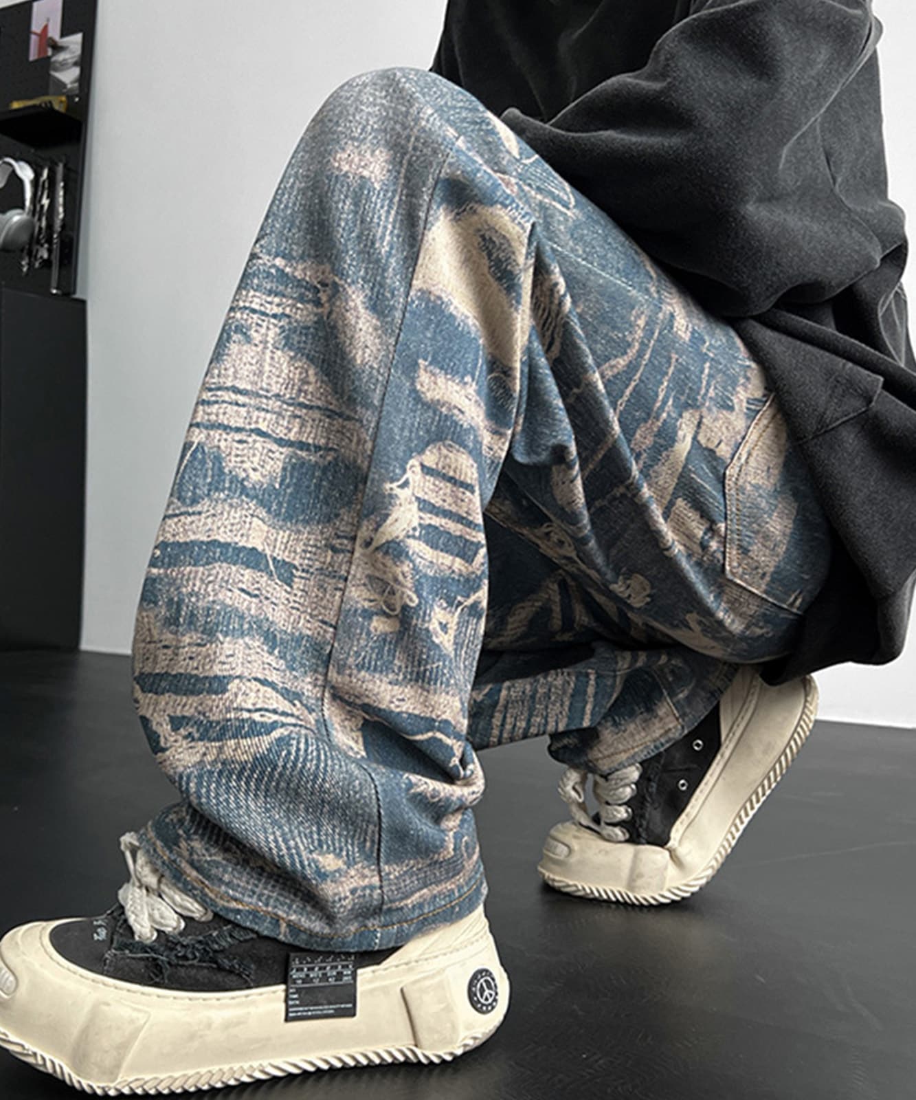 トロンプルイユ柄 ダメージ デニム エフェクト ワイド パンツ