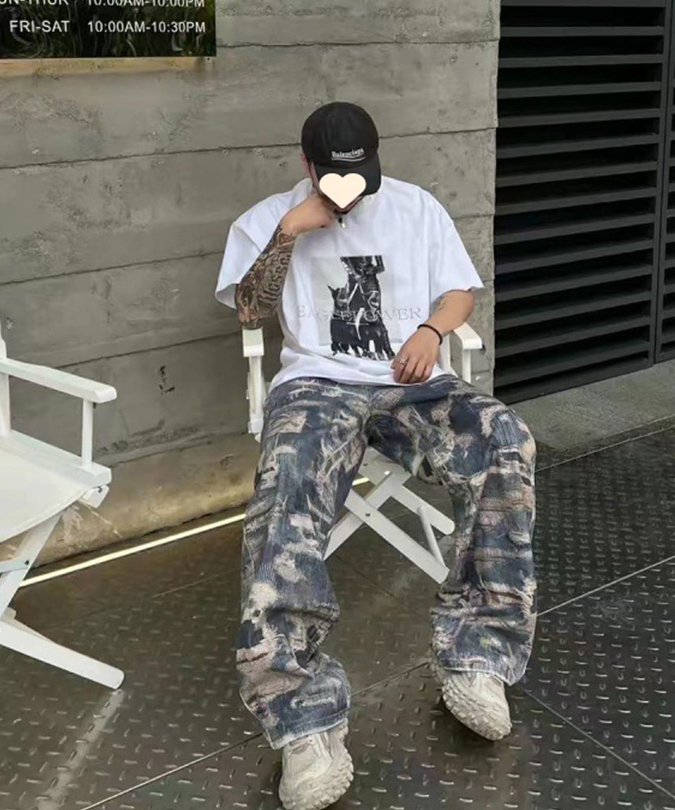 トロンプルイユ柄 ダメージ デニム エフェクト ワイド パンツ