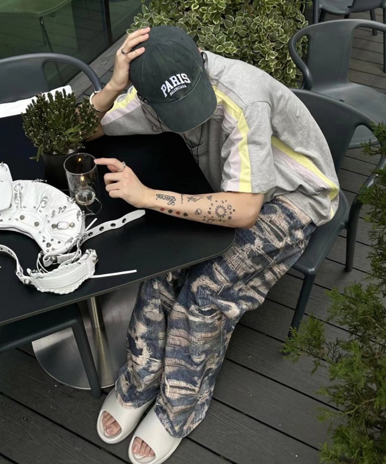 トロンプルイユ柄 ダメージ デニム エフェクト ワイド パンツ 