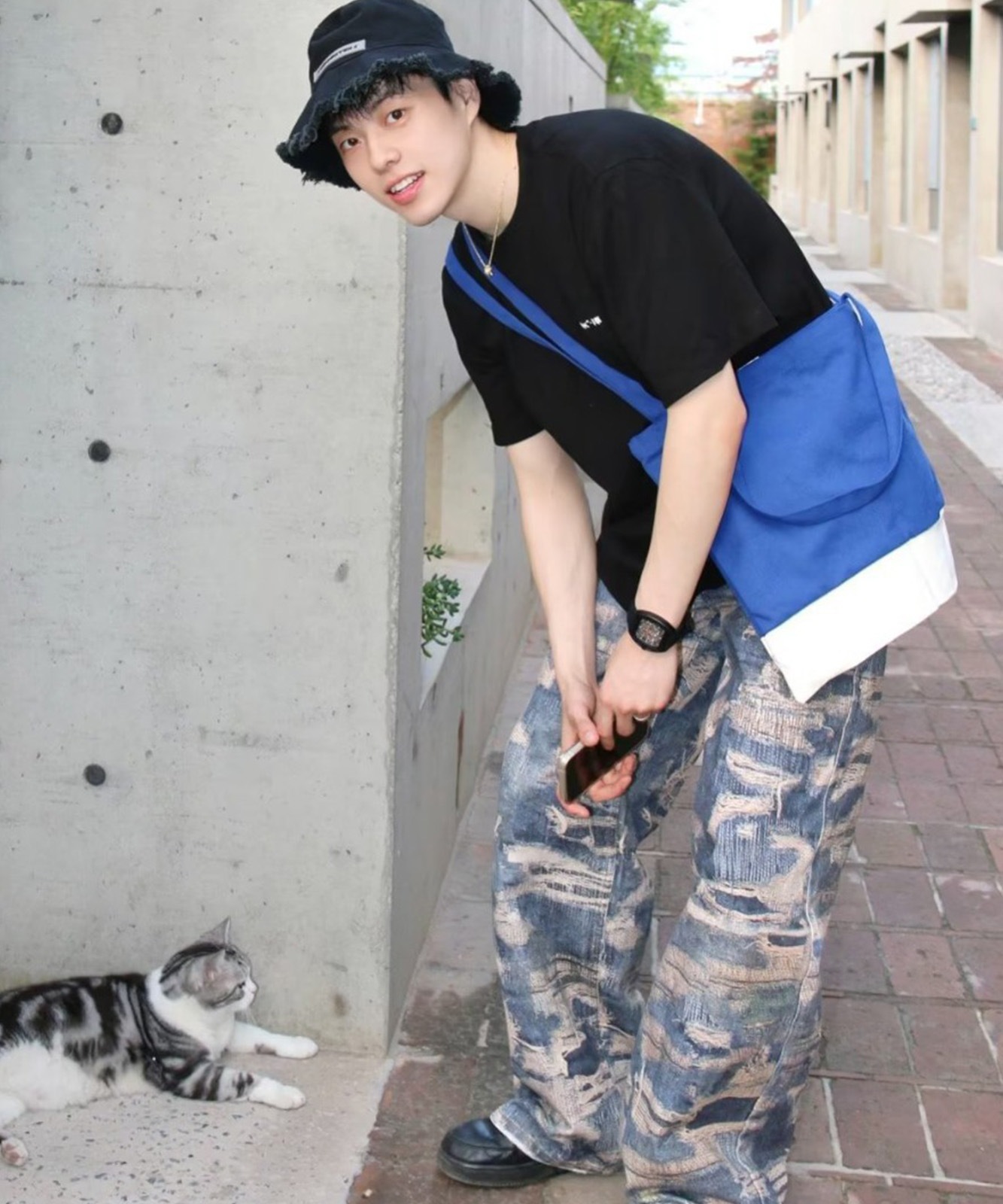 トロンプルイユ柄 ダメージ デニム エフェクト ワイド パンツ 