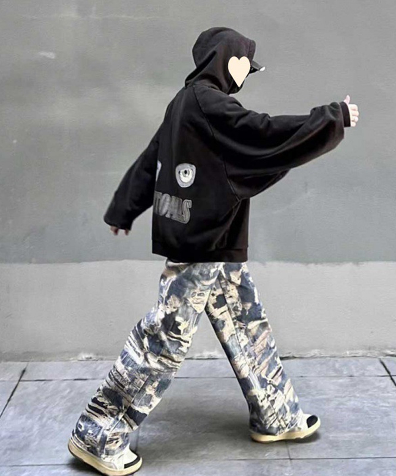 トロンプルイユ柄 ダメージ デニム エフェクト ワイド パンツ 