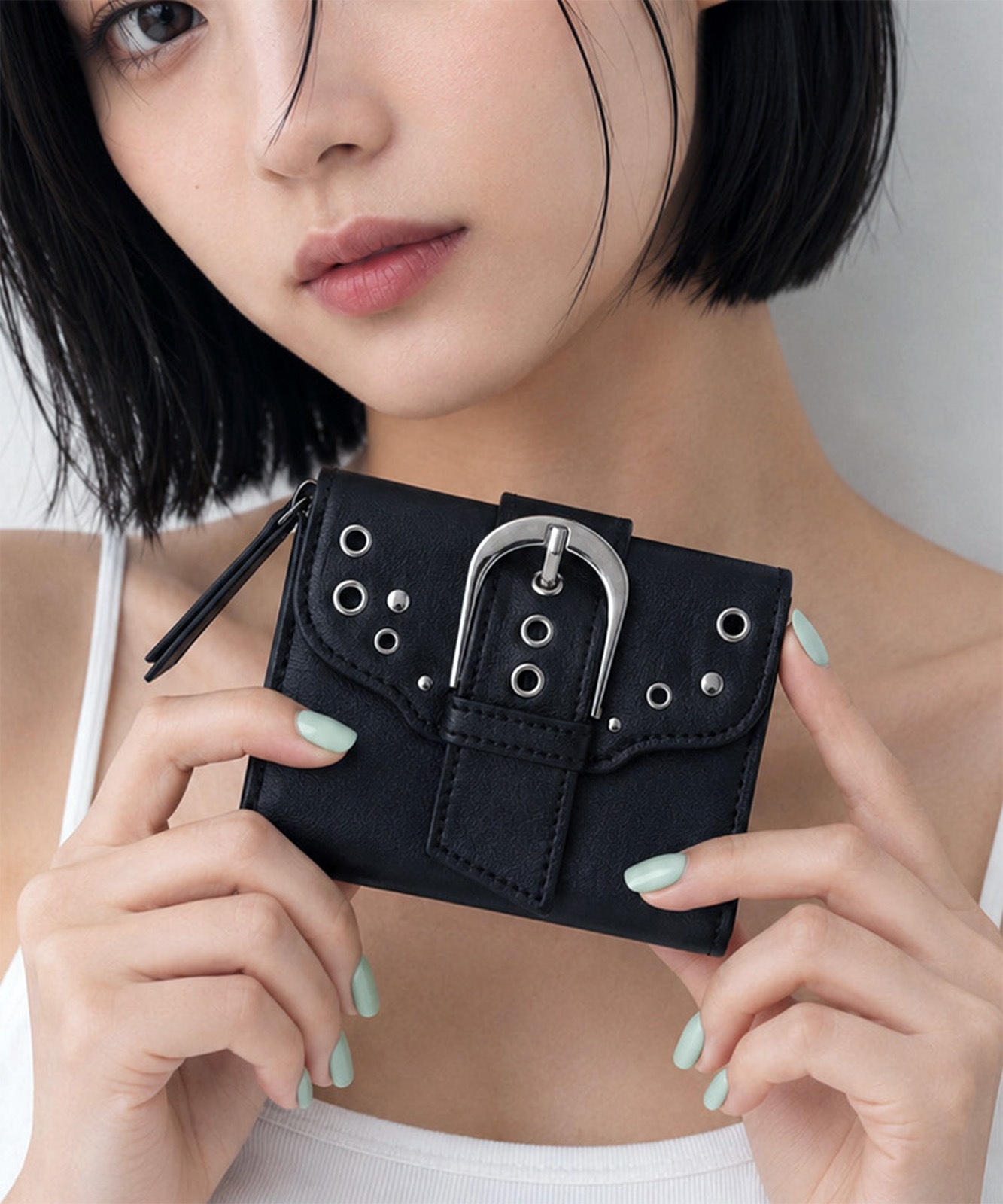 【DEVICE】 メタルバックル スタッズ ミニウォレット 三つ折り財布 コンパクト財布 Y2K ストリート メンズ レディース DPG26042 メンズ レディース ユニセックス おしゃれ 大容量 軽量 通学 通勤 韓国ストリート DPG26042