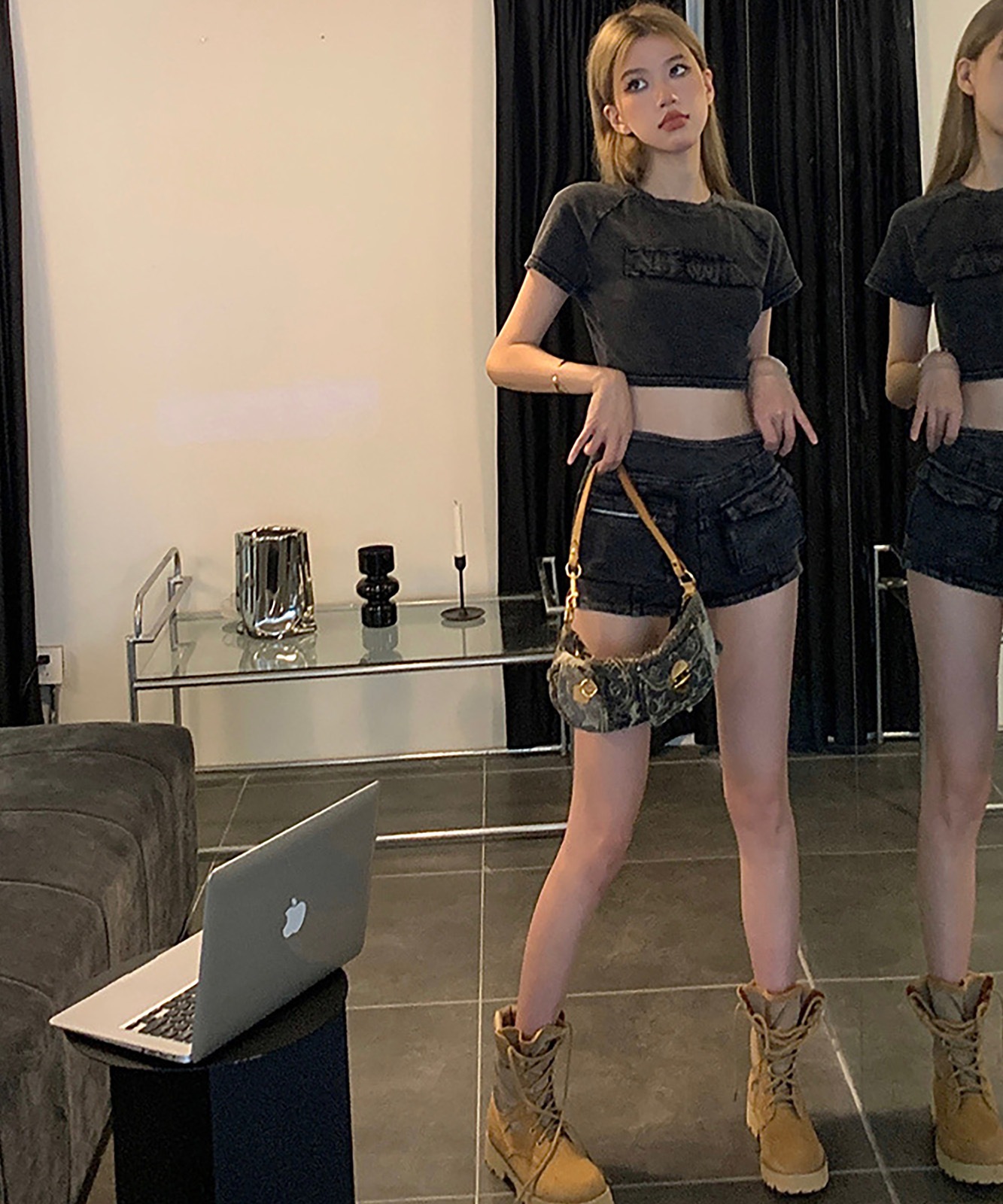 DEVICE select ピグメント クロップド ショート丈 半袖 Tシャツ ちびTシャツ レディース