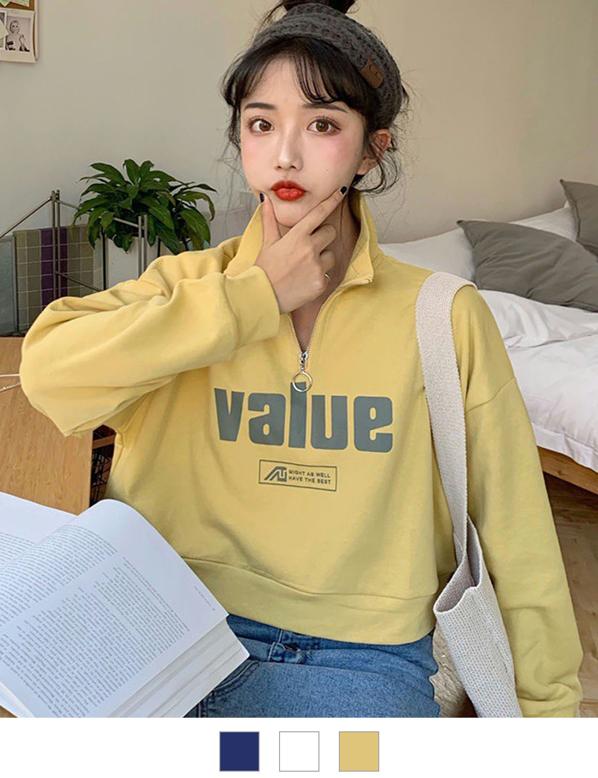 DEVICE select 韓国風フロントロゴ ハーフジップ スウェットトレーナー(ショート丈) レディース