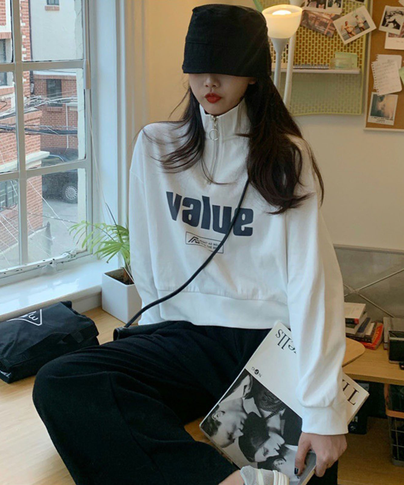 DEVICE select 韓国風フロントロゴ ハーフジップ スウェットトレーナー(ショート丈) レディース