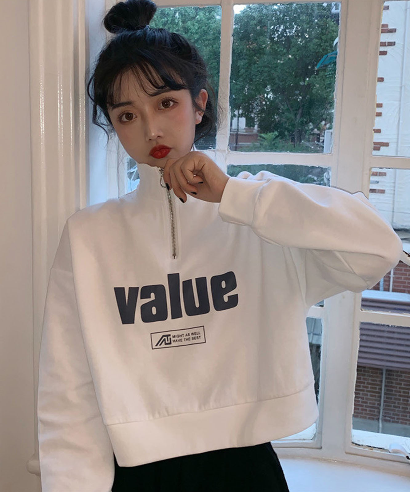 DEVICE select 韓国風フロントロゴ ハーフジップ スウェットトレーナー(ショート丈) レディース