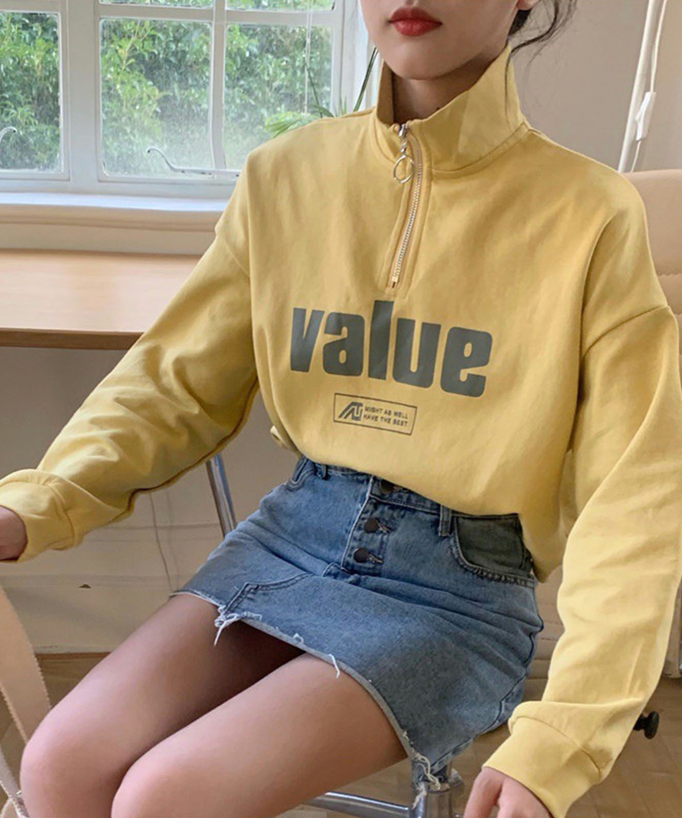 DEVICE select 韓国風フロントロゴ ハーフジップ スウェットトレーナー(ショート丈) レディース