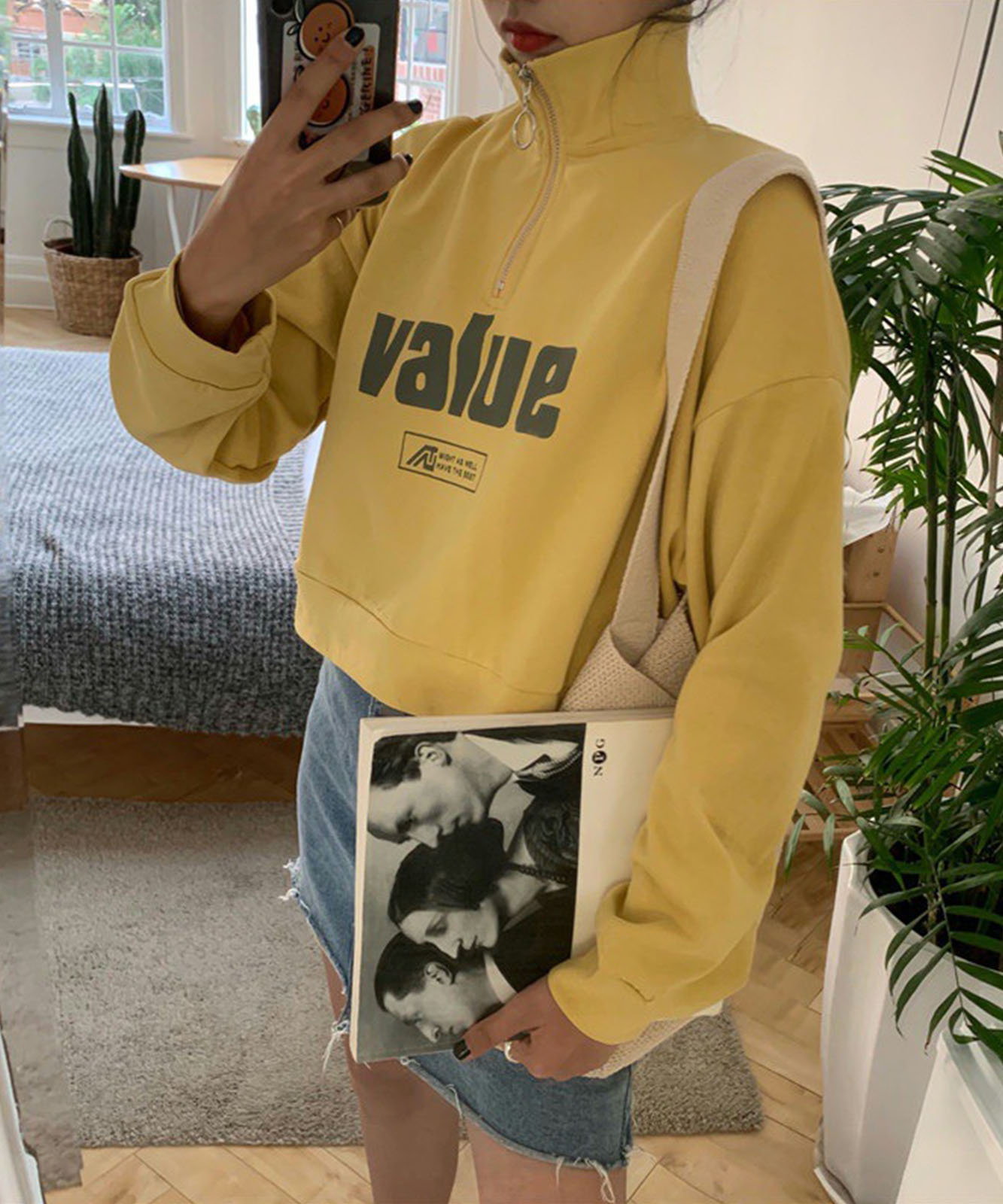 DEVICE select 韓国風フロントロゴ ハーフジップ スウェットトレーナー(ショート丈) レディース