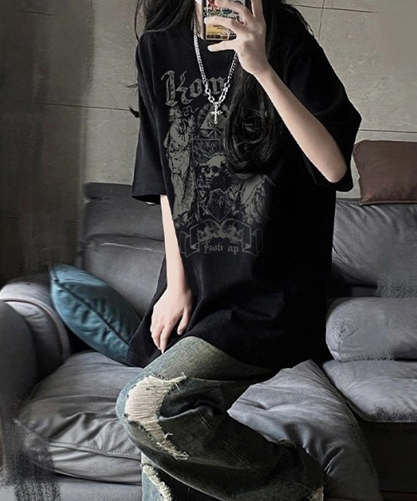 【 DEVICE select 】 オーバーサイズ ドクログラフィック スカルプリント 半袖Tシャツ メンズ レディース