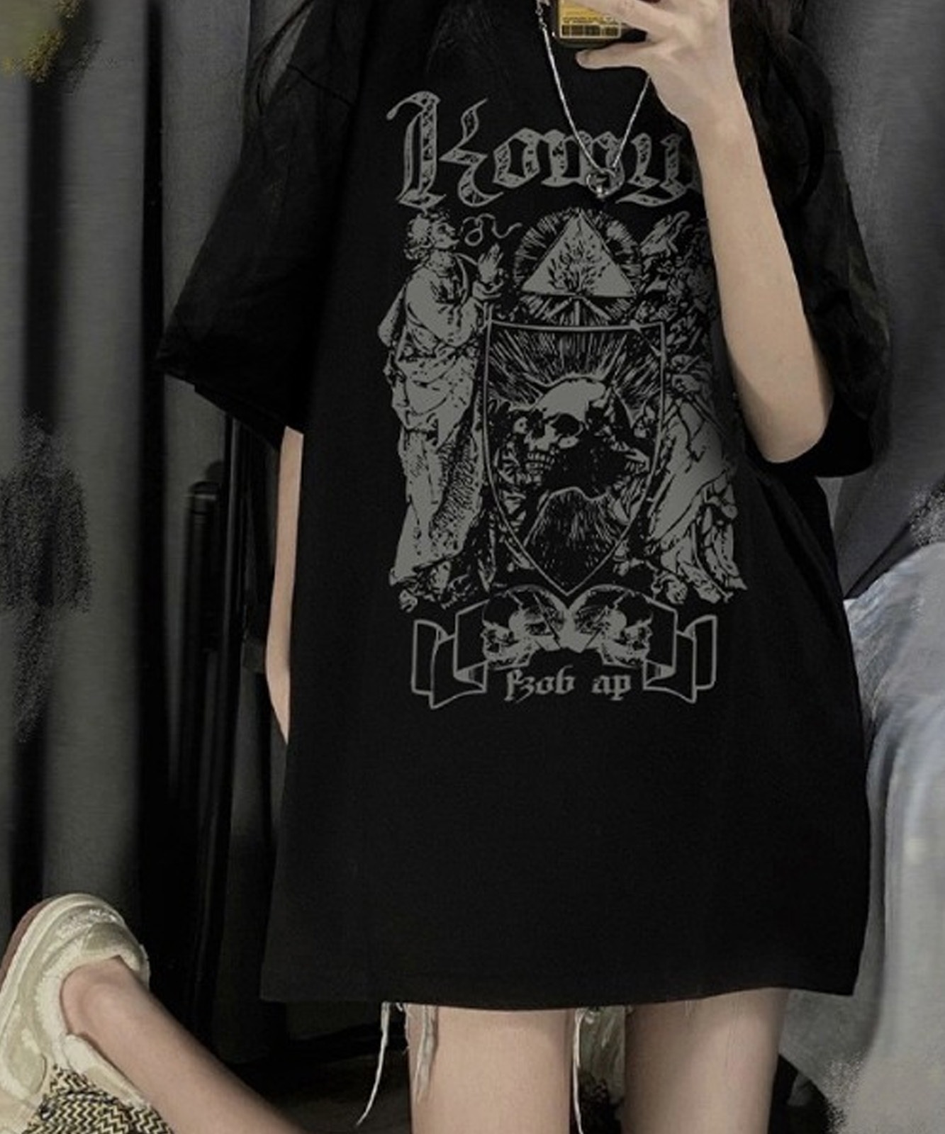 【 DEVICE select 】 オーバーサイズ ドクログラフィック スカルプリント 半袖Tシャツ メンズ レディース