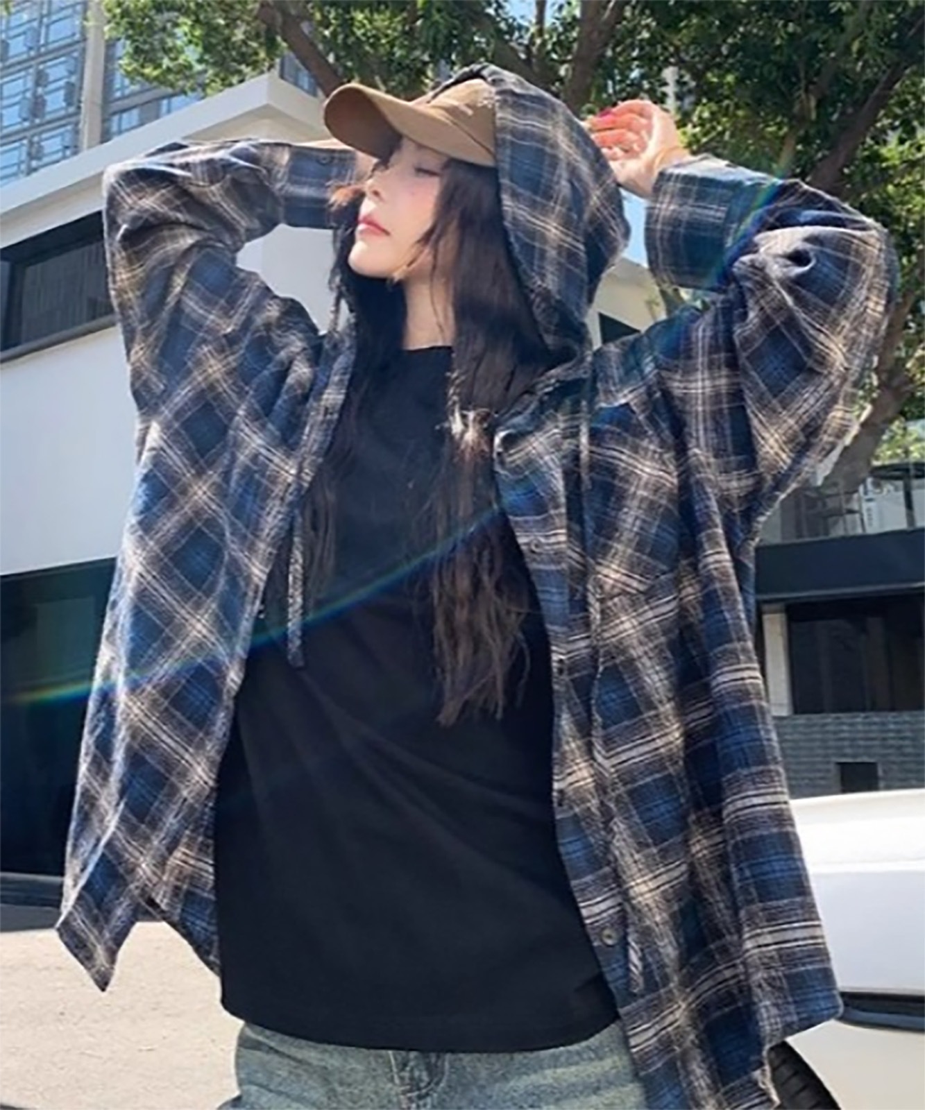 【 DEVICE select 】 フーディー ヴィンテージライク チェックシャツ メンズ レディース ユニセックス 韓国風 Y2K ストリート カジュアル 秋服 TA1298