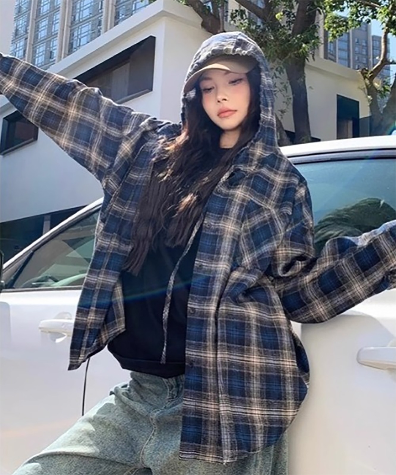 【 DEVICE select 】 フーディー ヴィンテージライク チェックシャツ メンズ レディース ユニセックス 韓国風 Y2K ストリート カジュアル 秋服 TA1298