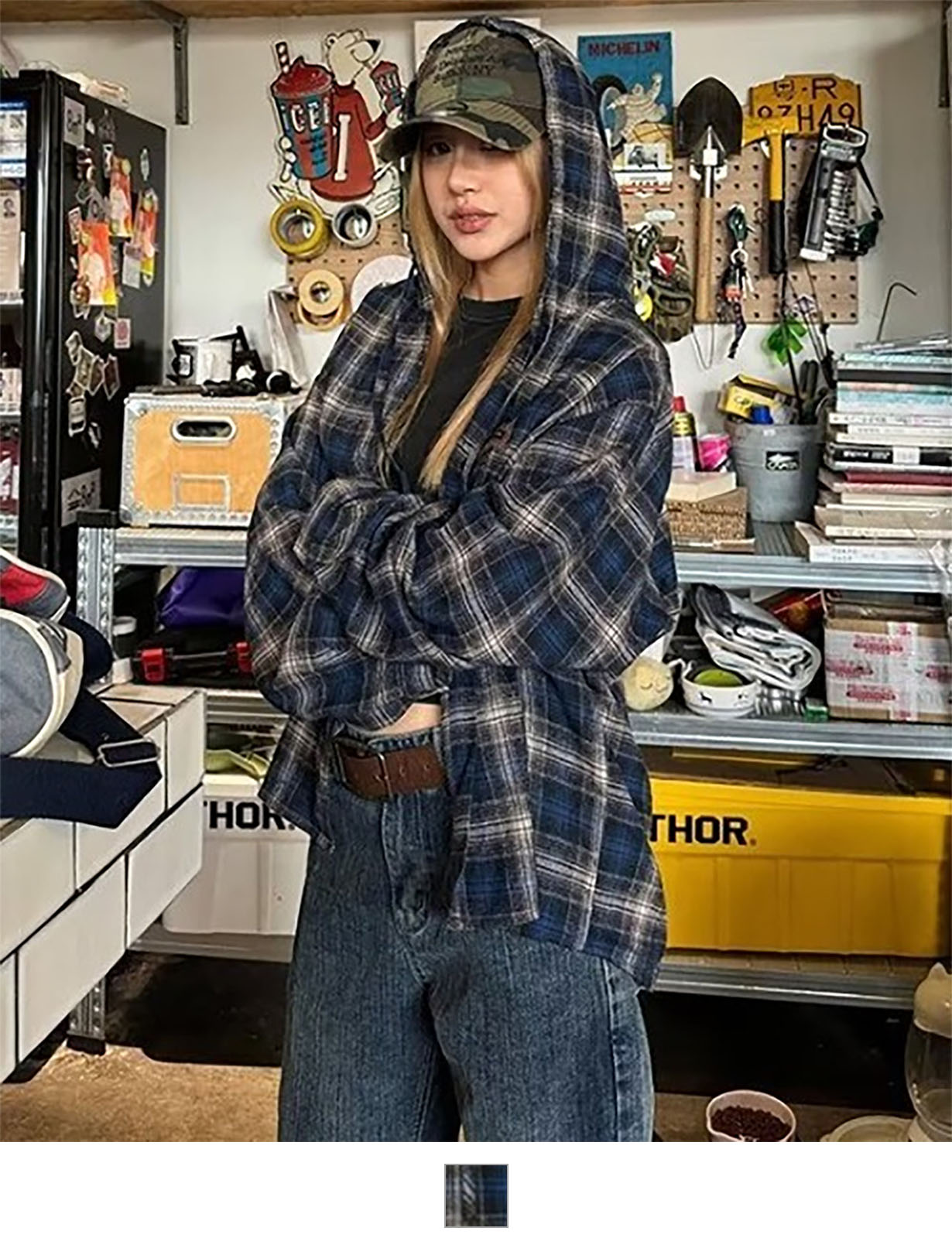 【 DEVICE select 】 フーディー ヴィンテージライク チェックシャツ メンズ レディース ユニセックス 韓国風 Y2K ストリート カジュアル 秋服 TA1298