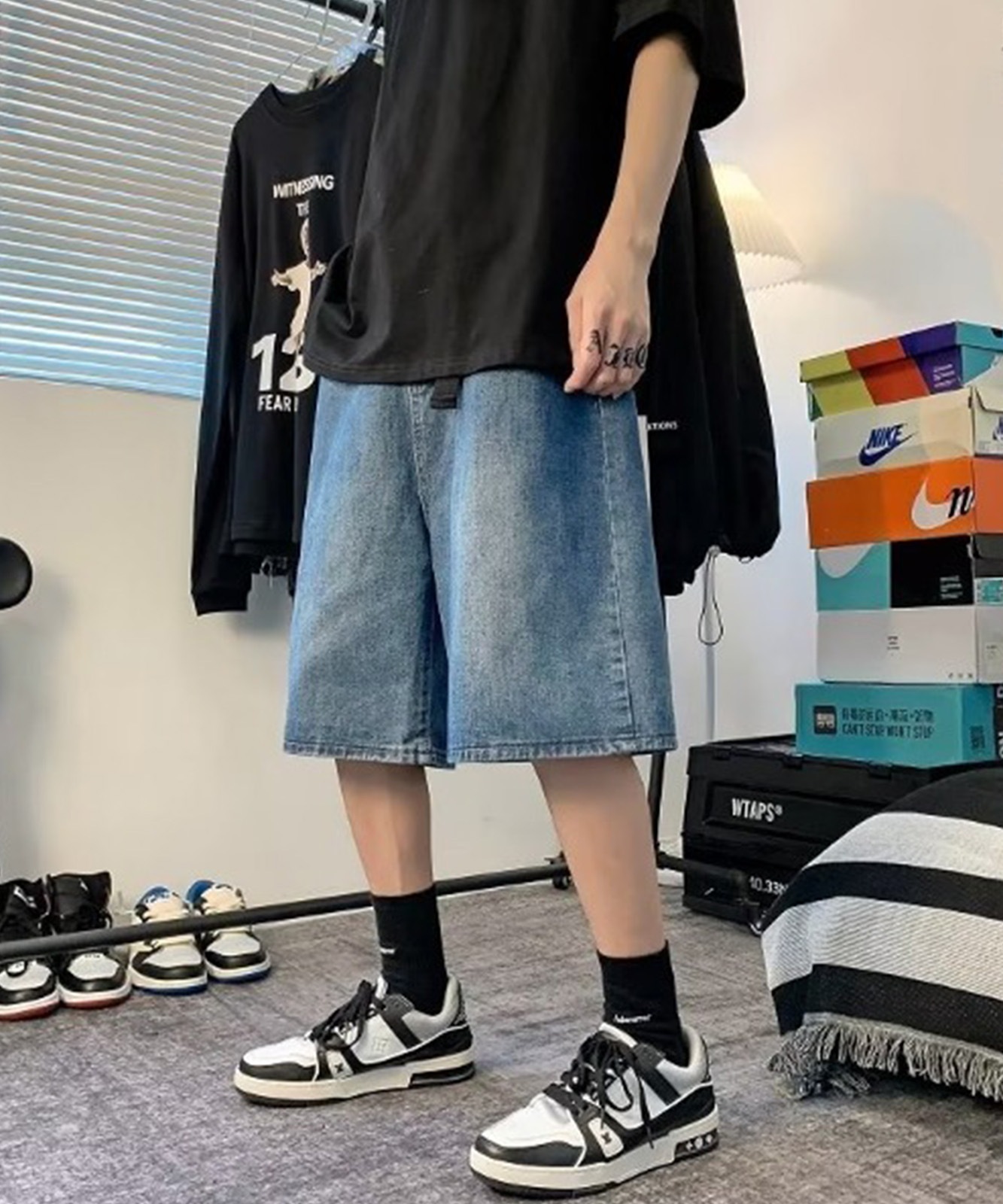 DEVICE select ハーフ ウォッシュ デニム ワイド ショート パンツ