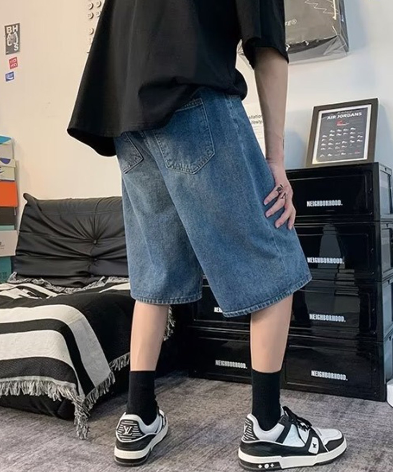 DEVICE select ハーフ ウォッシュ デニム ワイド ショート パンツ ベルト付き ハーフパンツ メンズ レディース