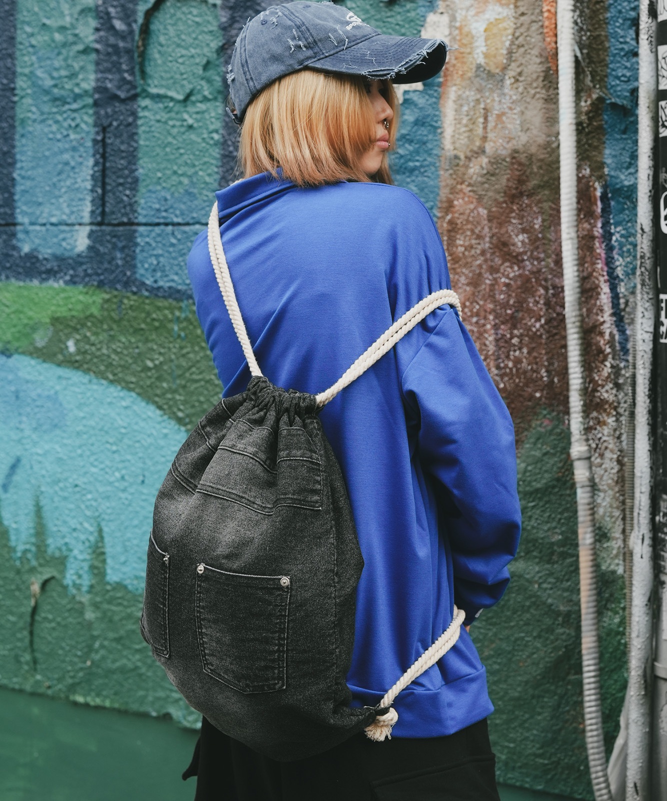 【 DEVICE 】 ウォッシュデニム ナップサック メンズ レディース ユニセックス 古着風 ユーズド加工 RRD24049