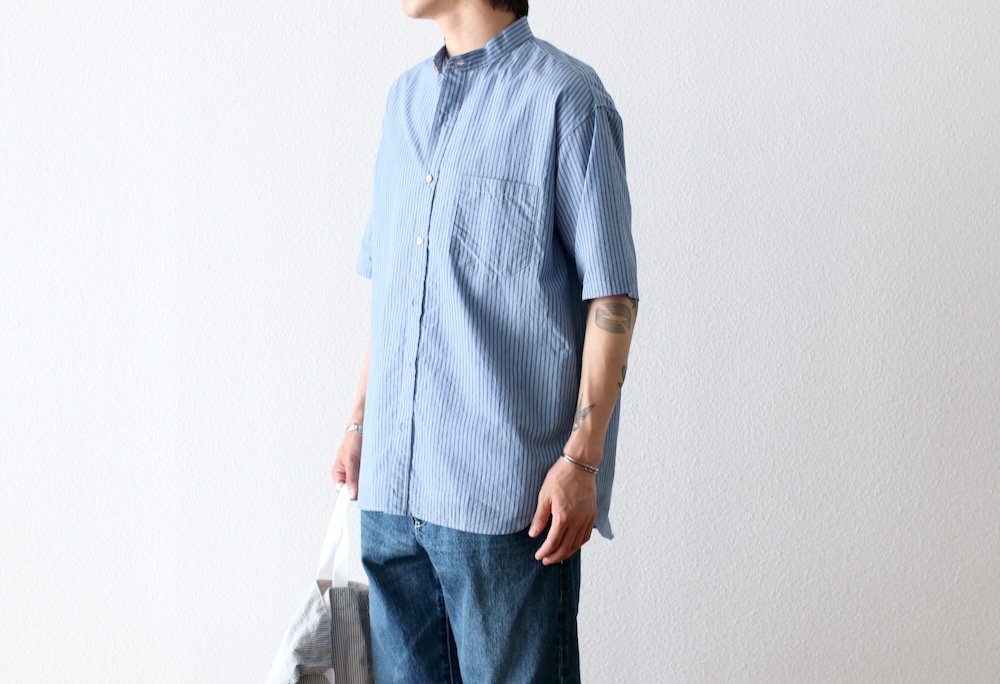 ts(s) (�ƥ�����������) "Stripe Cotton*Nylon Cloth Baggy Fit Band Collar Short Sleeve Shirt"