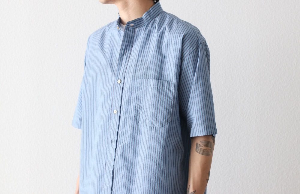ts(s) (�ƥ�����������) "Stripe Cotton*Nylon Cloth Baggy Fit Band Collar Short Sleeve Shirt"