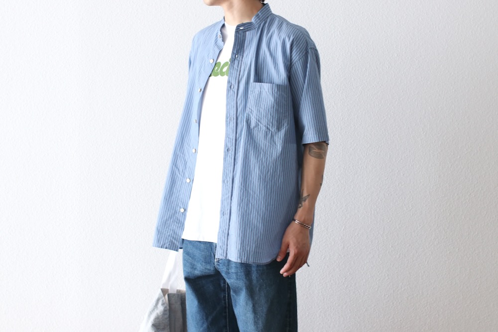 ts(s) (�ƥ�����������) "Stripe Cotton*Nylon Cloth Baggy Fit Band Collar Short Sleeve Shirt"