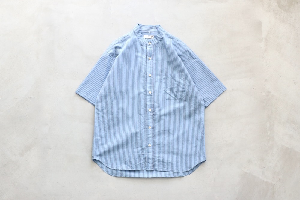 ts(s) (�ƥ�����������) "Stripe Cotton*Nylon Cloth Baggy Fit Band Collar Short Sleeve Shirt"