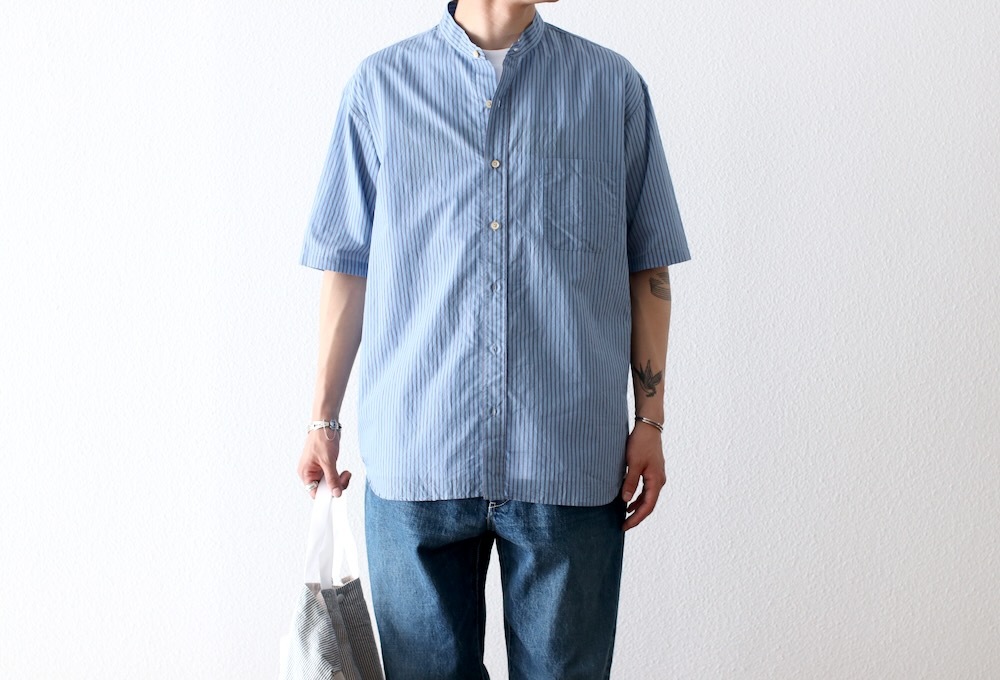 ts(s) (�ƥ�����������) "Stripe Cotton*Nylon Cloth Baggy Fit Band Collar Short Sleeve Shirt"