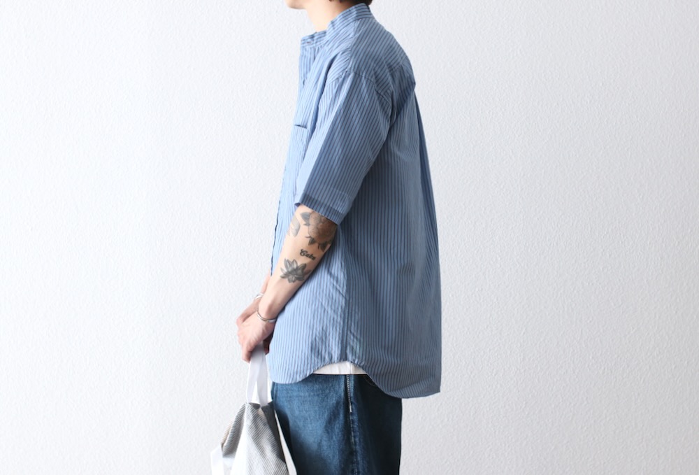 ts(s) (�ƥ�����������) "Stripe Cotton*Nylon Cloth Baggy Fit Band Collar Short Sleeve Shirt"