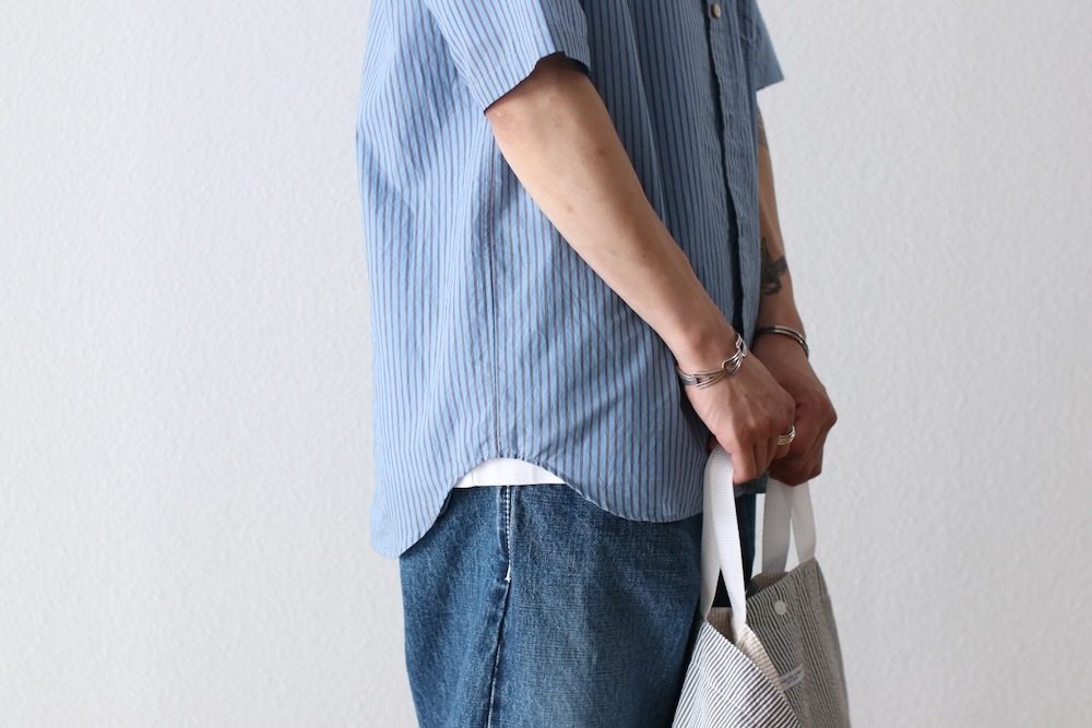 ts(s) (�ƥ�����������) "Stripe Cotton*Nylon Cloth Baggy Fit Band Collar Short Sleeve Shirt"