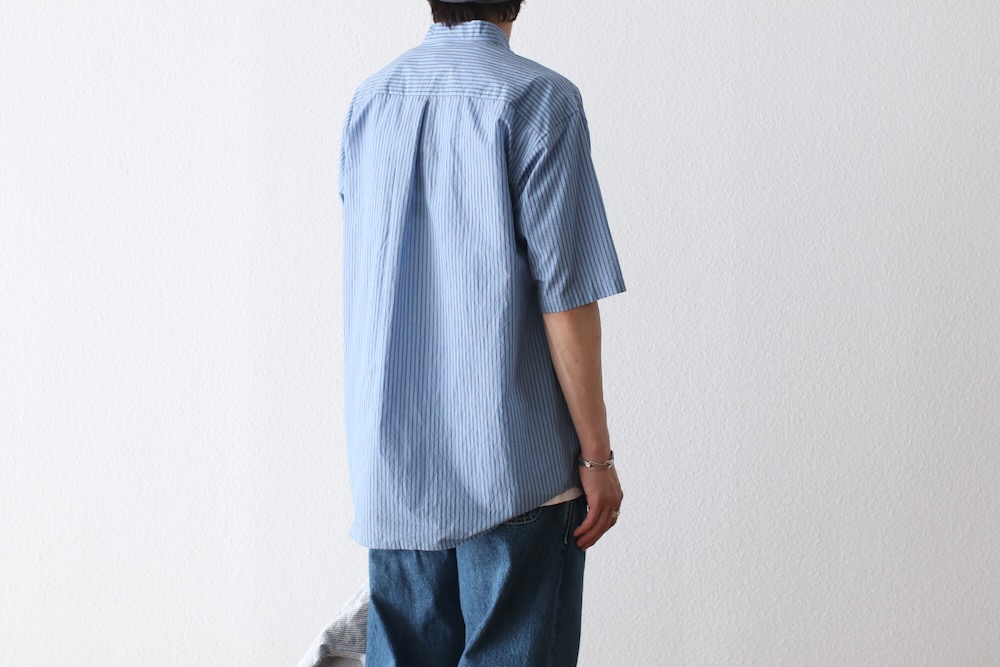 ts(s) (�ƥ�����������) "Stripe Cotton*Nylon Cloth Baggy Fit Band Collar Short Sleeve Shirt"