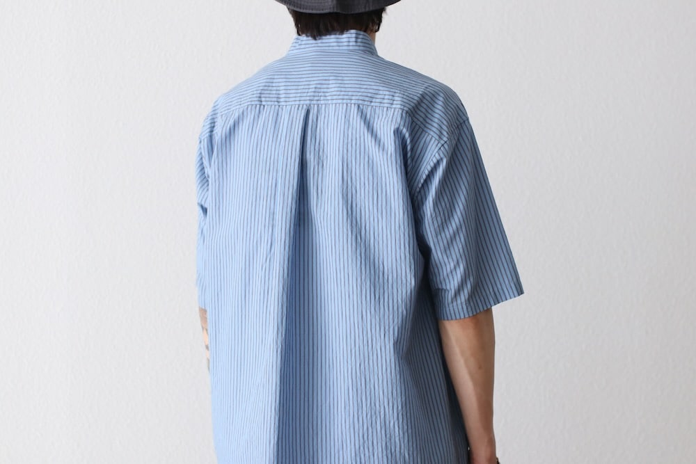 ts(s) (�ƥ�����������) "Stripe Cotton*Nylon Cloth Baggy Fit Band Collar Short Sleeve Shirt"