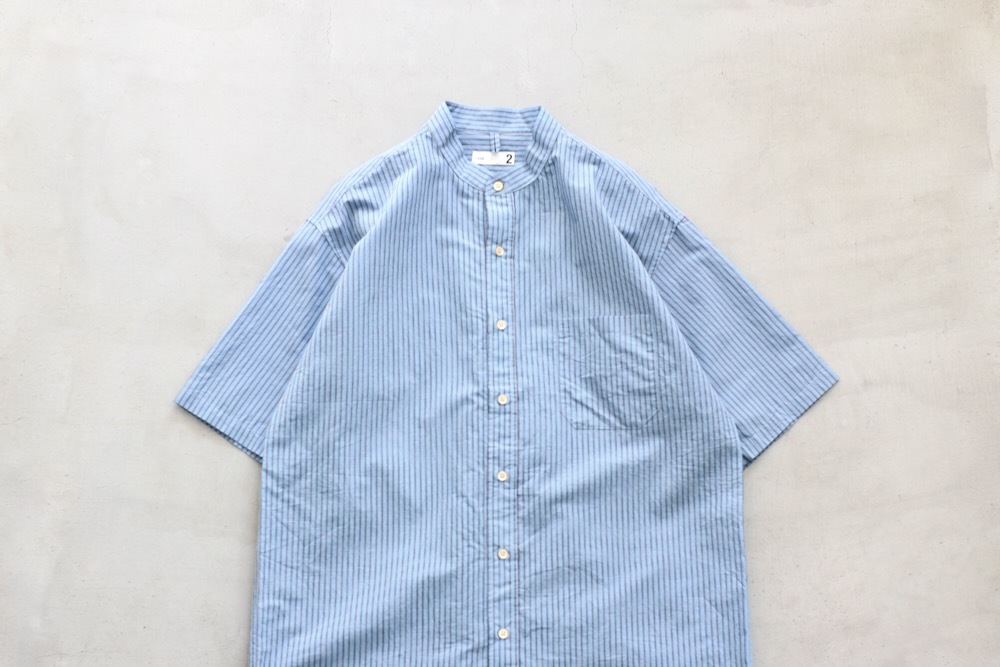 ts(s) (�ƥ�����������) "Stripe Cotton*Nylon Cloth Baggy Fit Band Collar Short Sleeve Shirt"