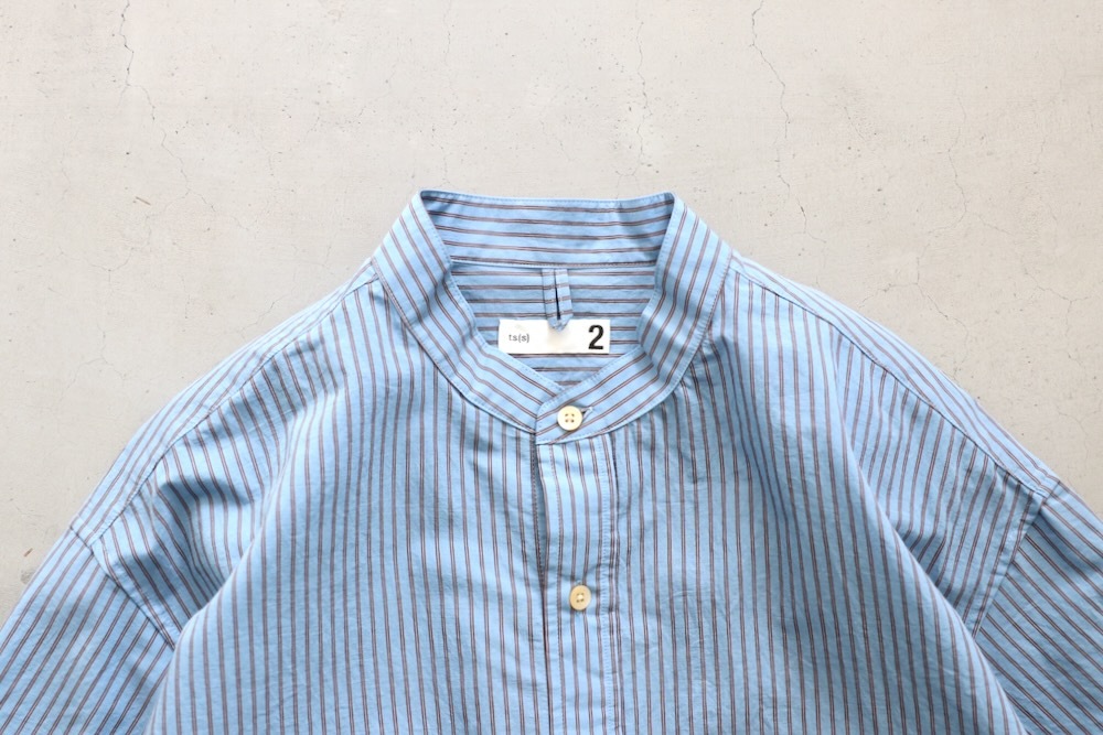 ts(s) (�ƥ�����������) "Stripe Cotton*Nylon Cloth Baggy Fit Band Collar Short Sleeve Shirt"
