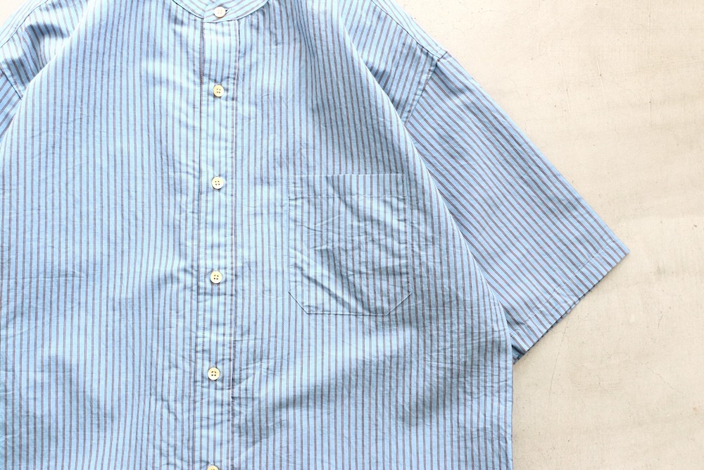 ts(s) (�ƥ�����������) "Stripe Cotton*Nylon Cloth Baggy Fit Band Collar Short Sleeve Shirt"